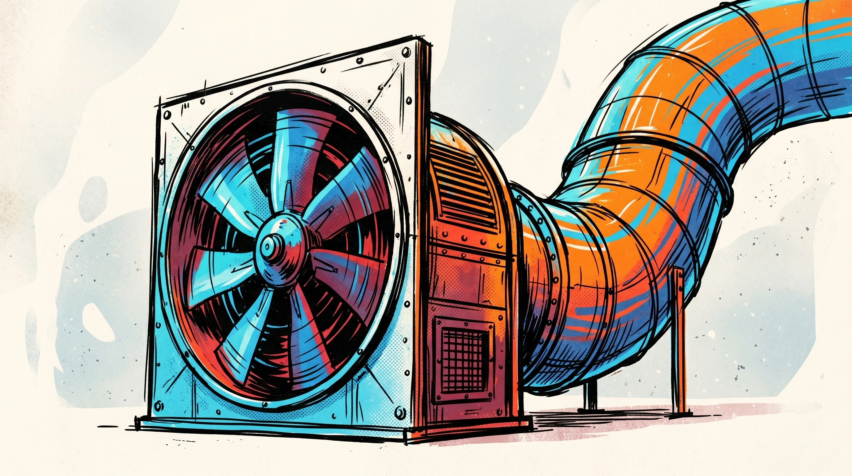 Digital illustration for article section "The Tailwinds Are Real" in "Endra Raises $50M Series A to Automate MEP Engineering with AI" - A striking, minimal conceptual illustration of a massive industrial cooling fan connected to a sleek...