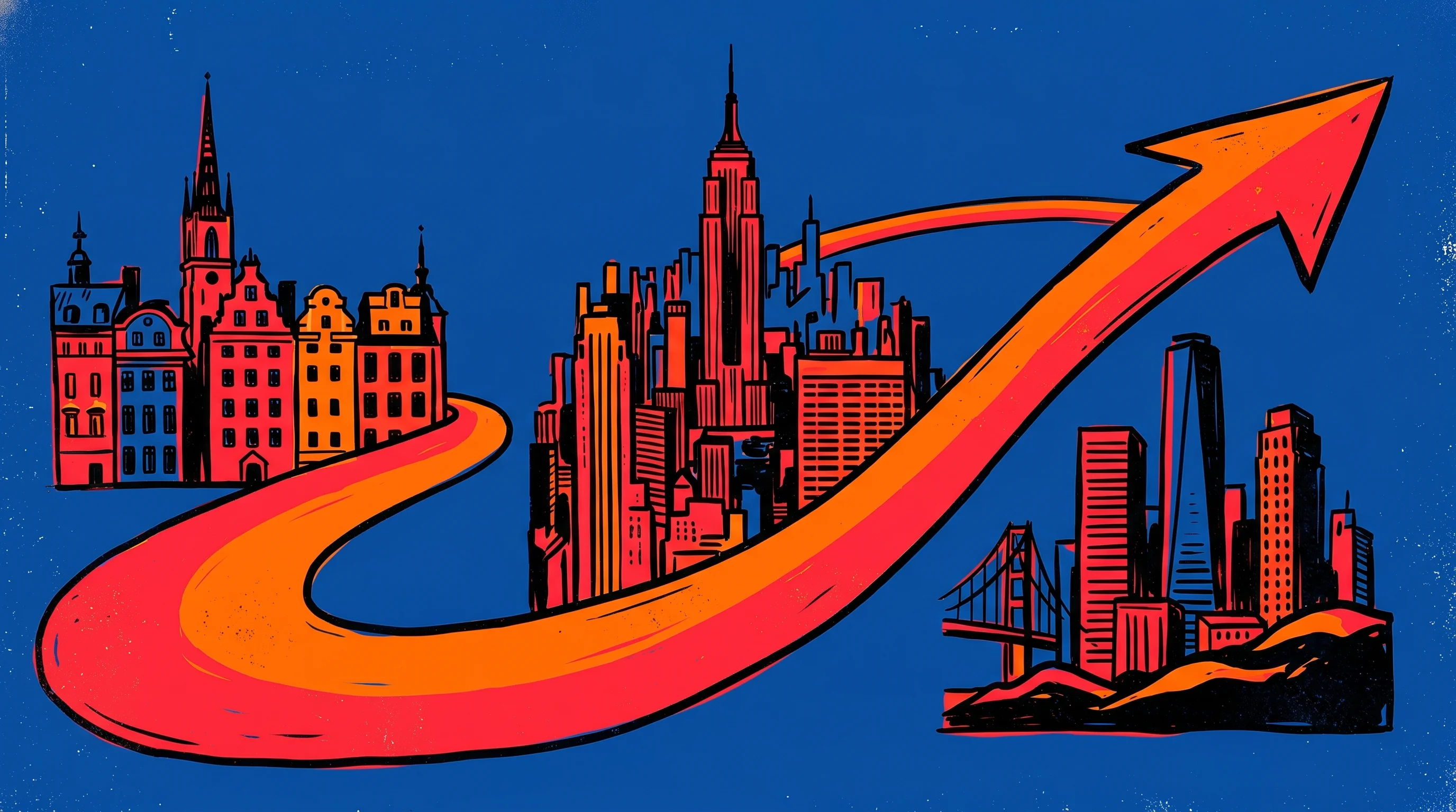 Digital illustration for article section "What Comes Next" in "Endra Raises $50M Series A to Automate MEP Engineering with AI" - A conceptual and minimalist illustration representing global expansion and future growth, featuring ...