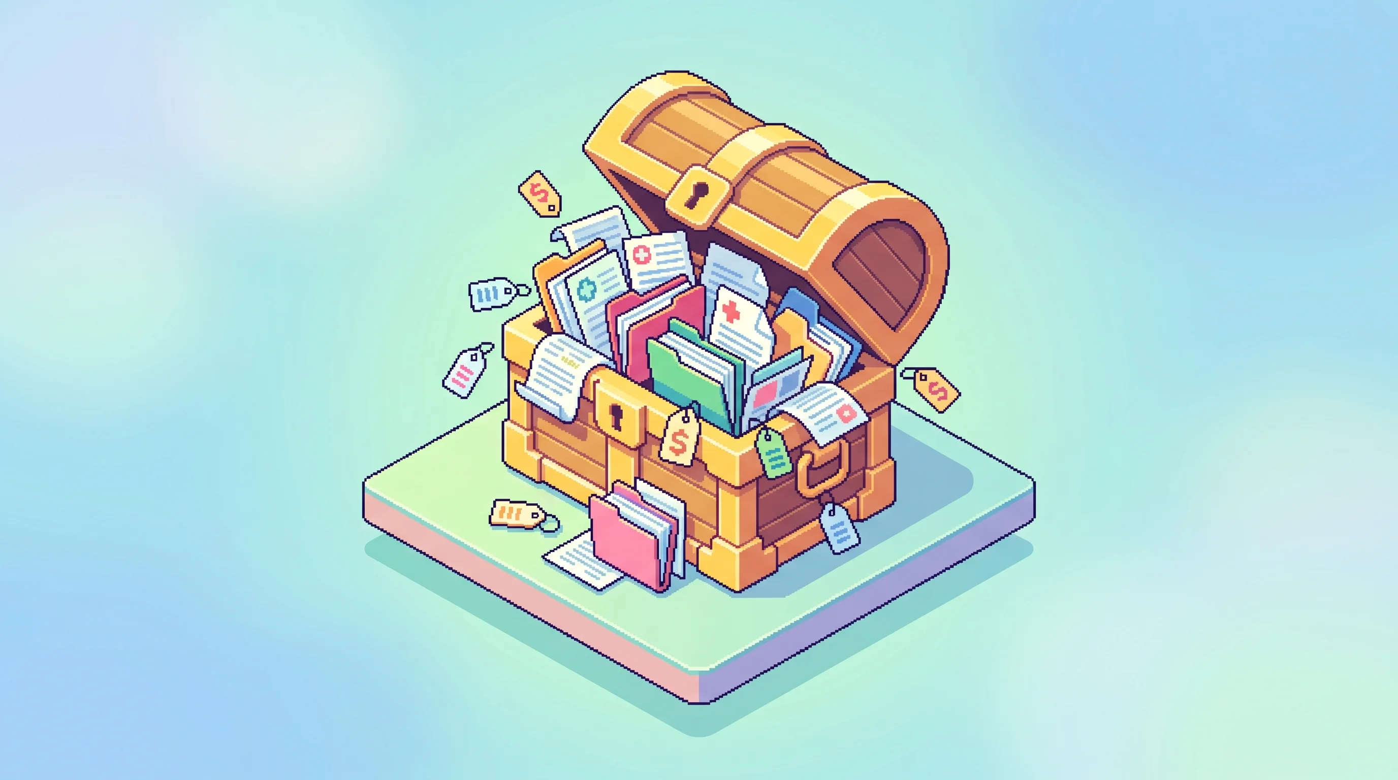 Digital illustration for article section "A Messy Opportunity" in "Soria Launches AI-Native Terminal for Healthcare Investment Research" - A clean, minimal isometric composition depicting a "messy goldmine" of healthcare pricing data, feat...