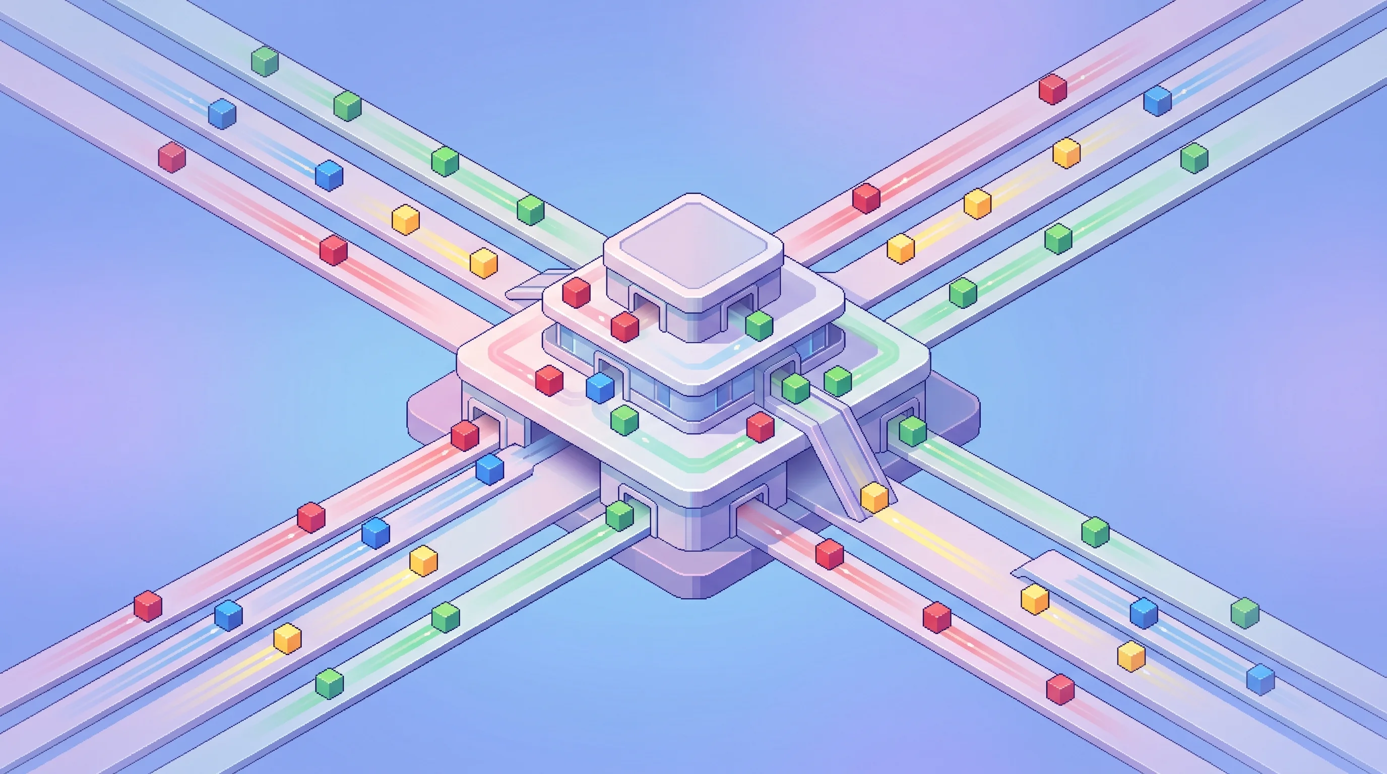Digital illustration for article section "What's Under the Hood" in "Soria Launches AI-Native Terminal for Healthcare Investment Research" - A clean, minimal top-down isometric view of a central, multi-tiered architectural hub representing a...