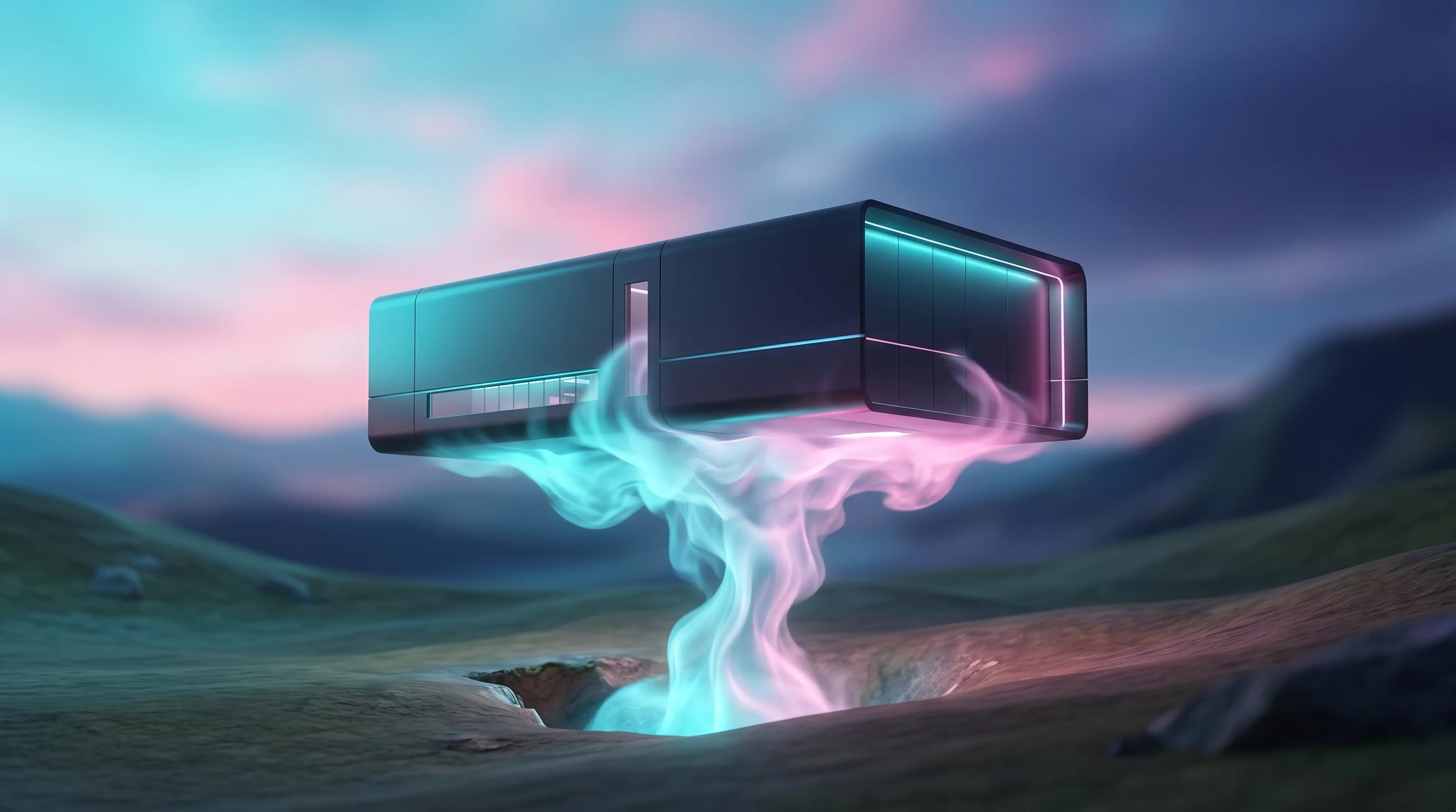 Digital illustration for article section "A hot moment for geothermal" in "Endurance Energy Raises $25M for Seafloor Geothermal Technology" - A clean, minimalist conceptual visualization of next-generation geothermal energy powering a hypersc...