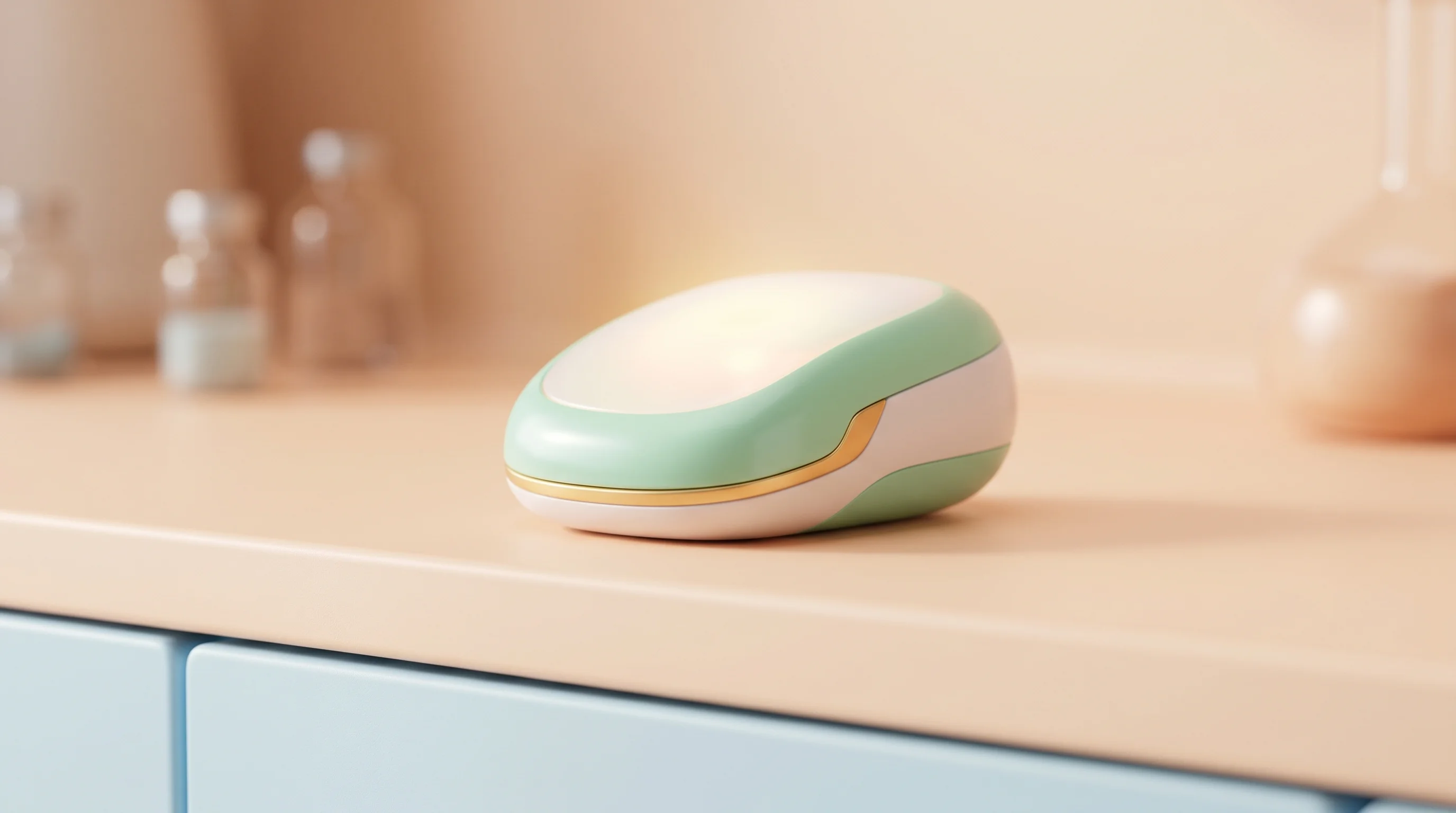 Digital illustration for article section "Abbott's Quiet Quantum Pivot" in "NVision Raises $55M Series B for Quantum-Enhanced MRI Technology" - A smooth, rounded medical biosensor resting gently on a soft, uncluttered pastel laboratory counter,...