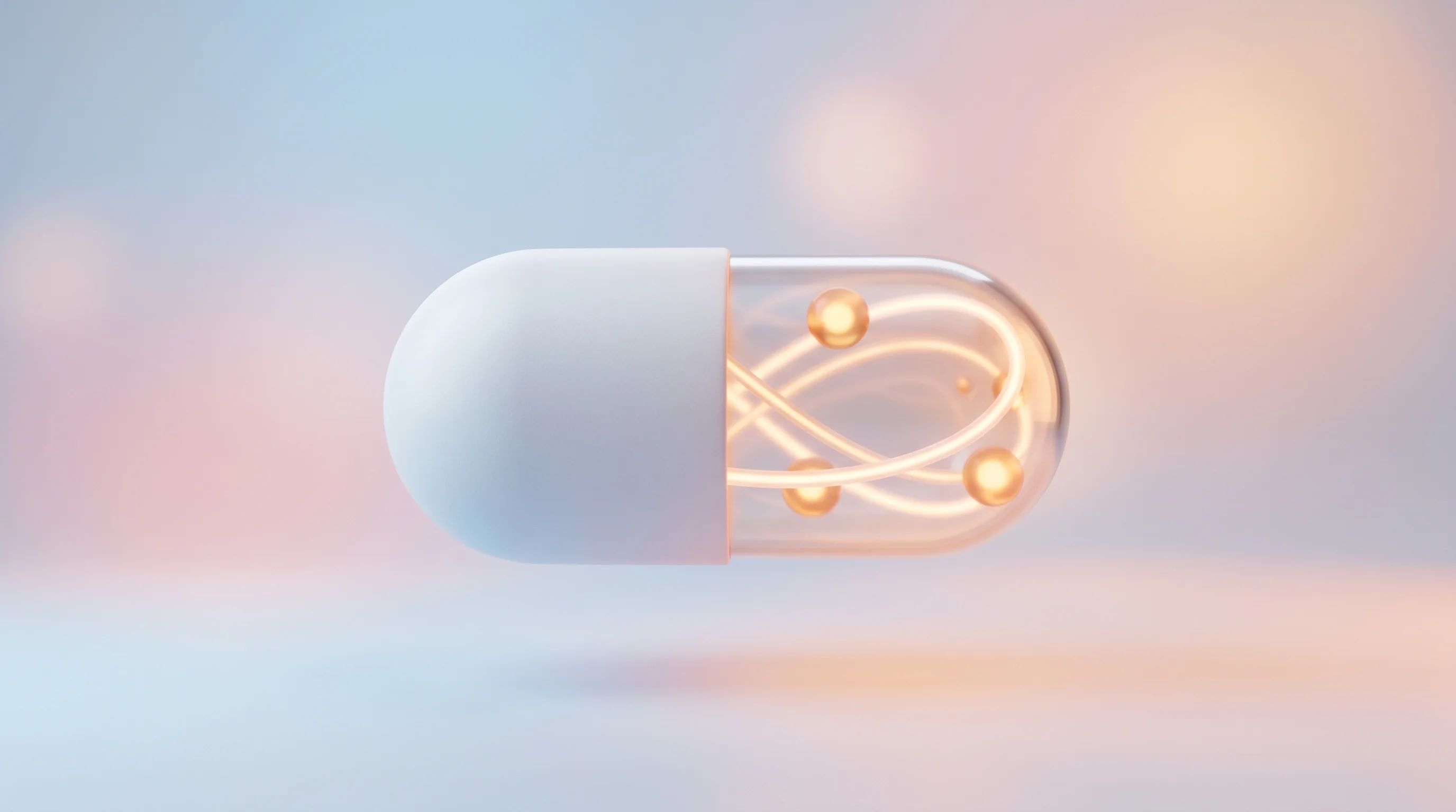 Digital illustration for article section "A Second Bet: Quantum Computing for Drug Discovery" in "NVision Raises $55M Series B for Quantum-Enhanced MRI Technology" - A smooth, oversized, rounded pharmaceutical capsule floating gently in the center of the frame, repr...