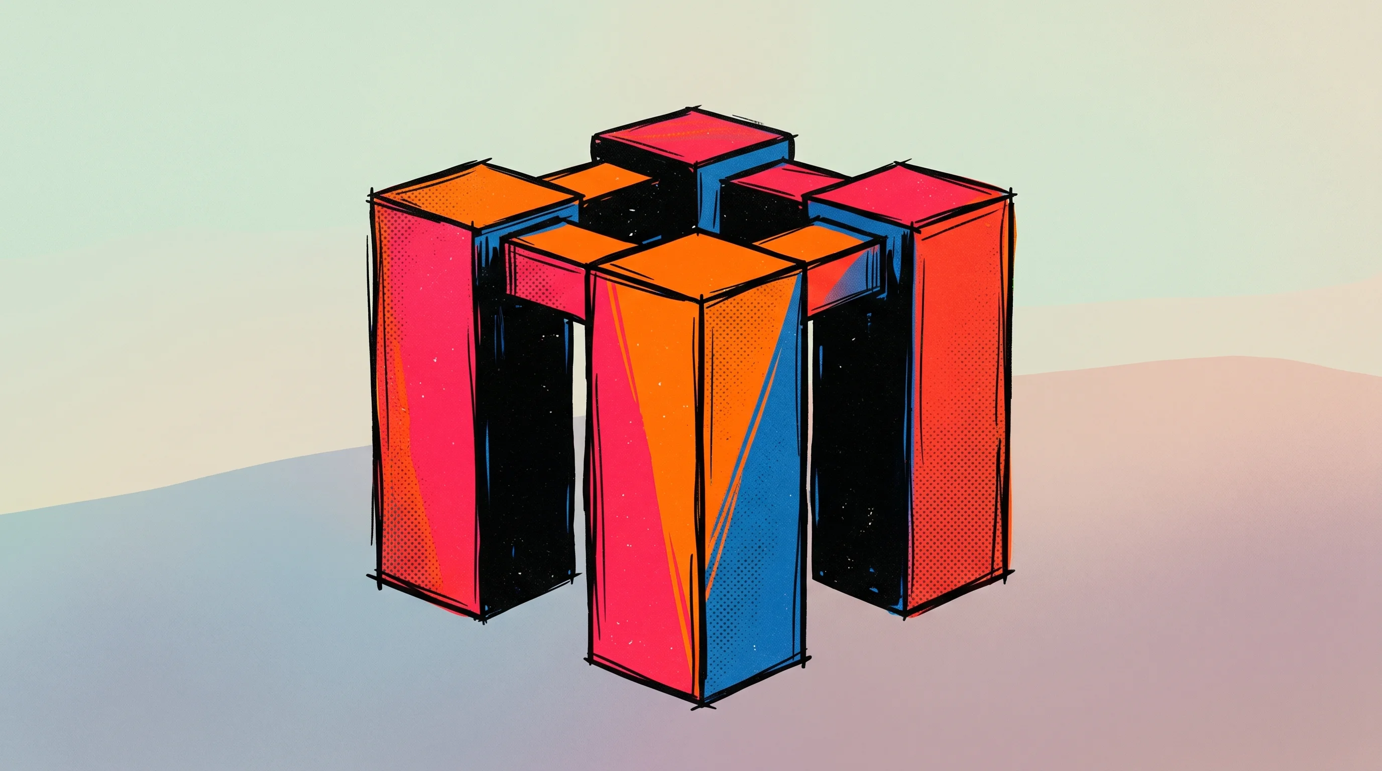 Digital illustration for article section "The Team and the Backing" in "Archer Launches AI Business Bank for Autonomous Agent Payments" - A minimalist, conceptual illustration of four sturdy, interconnected geometric pillars coming togeth...