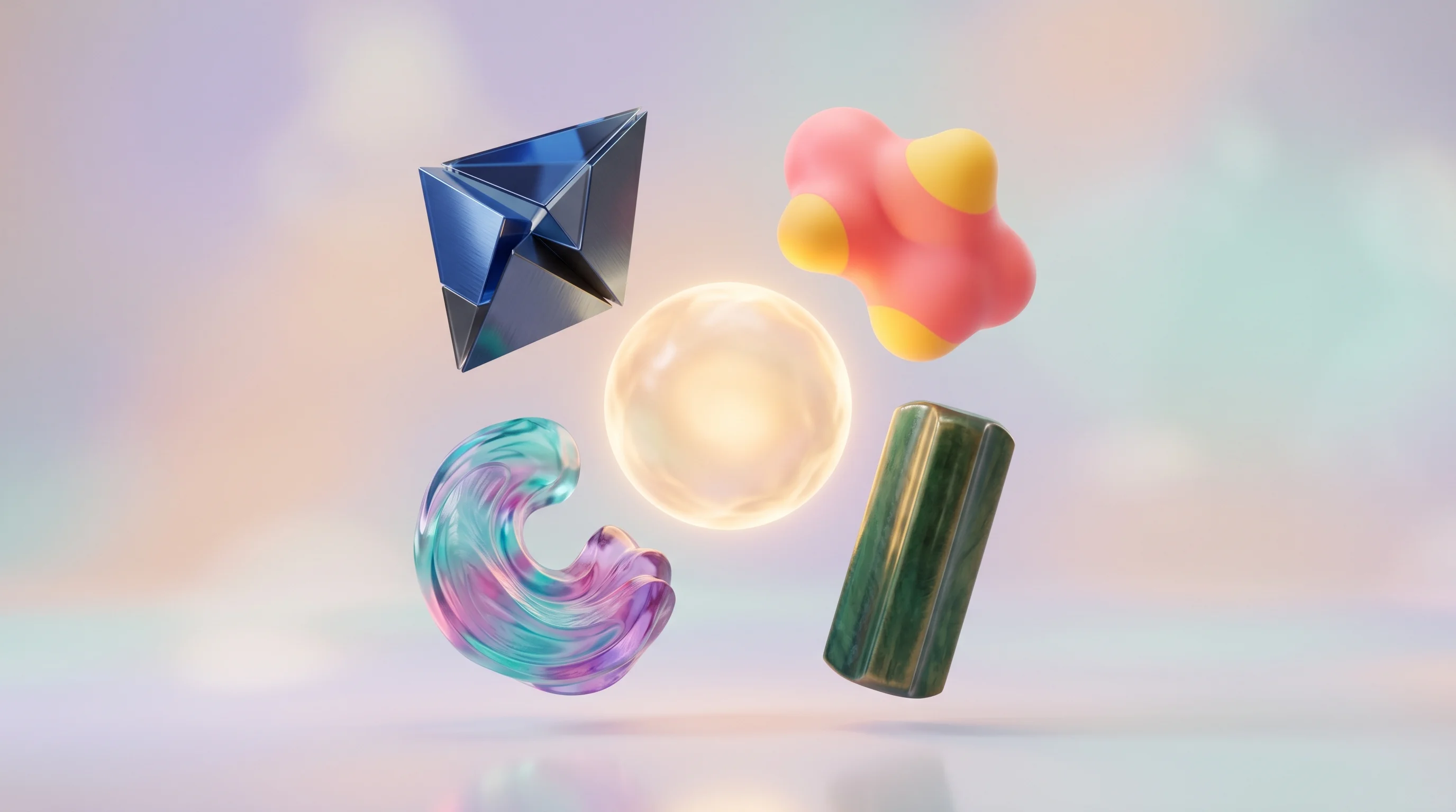 Digital illustration for article section "Four Voices, One Curiosity Engine" in "Sesame Launches iOS AI Assistant from Oculus Founders" - A clean, minimal composition featuring four distinct, floating abstract 3D shapes representing diffe...