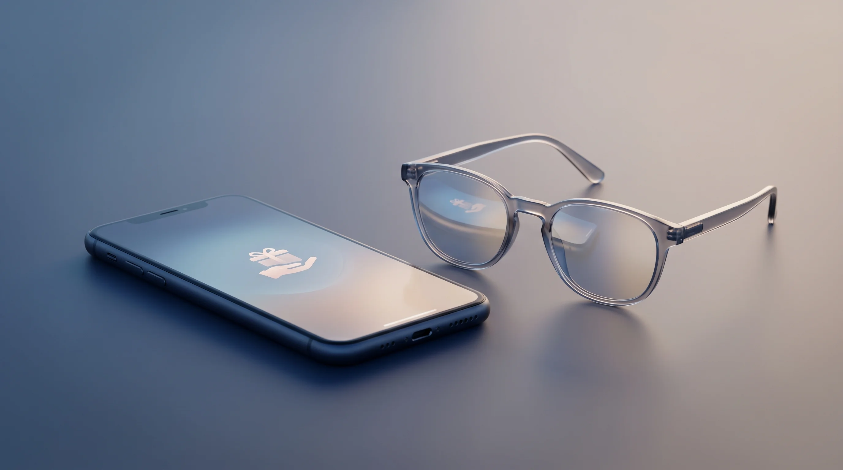 Digital illustration for article section "Free Now, Eyewear Later" in "Sesame Launches iOS AI Assistant from Oculus Founders" - A sleek, modern smartphone resting on a minimalist surface next to a pair of elegant, futuristic sma...
