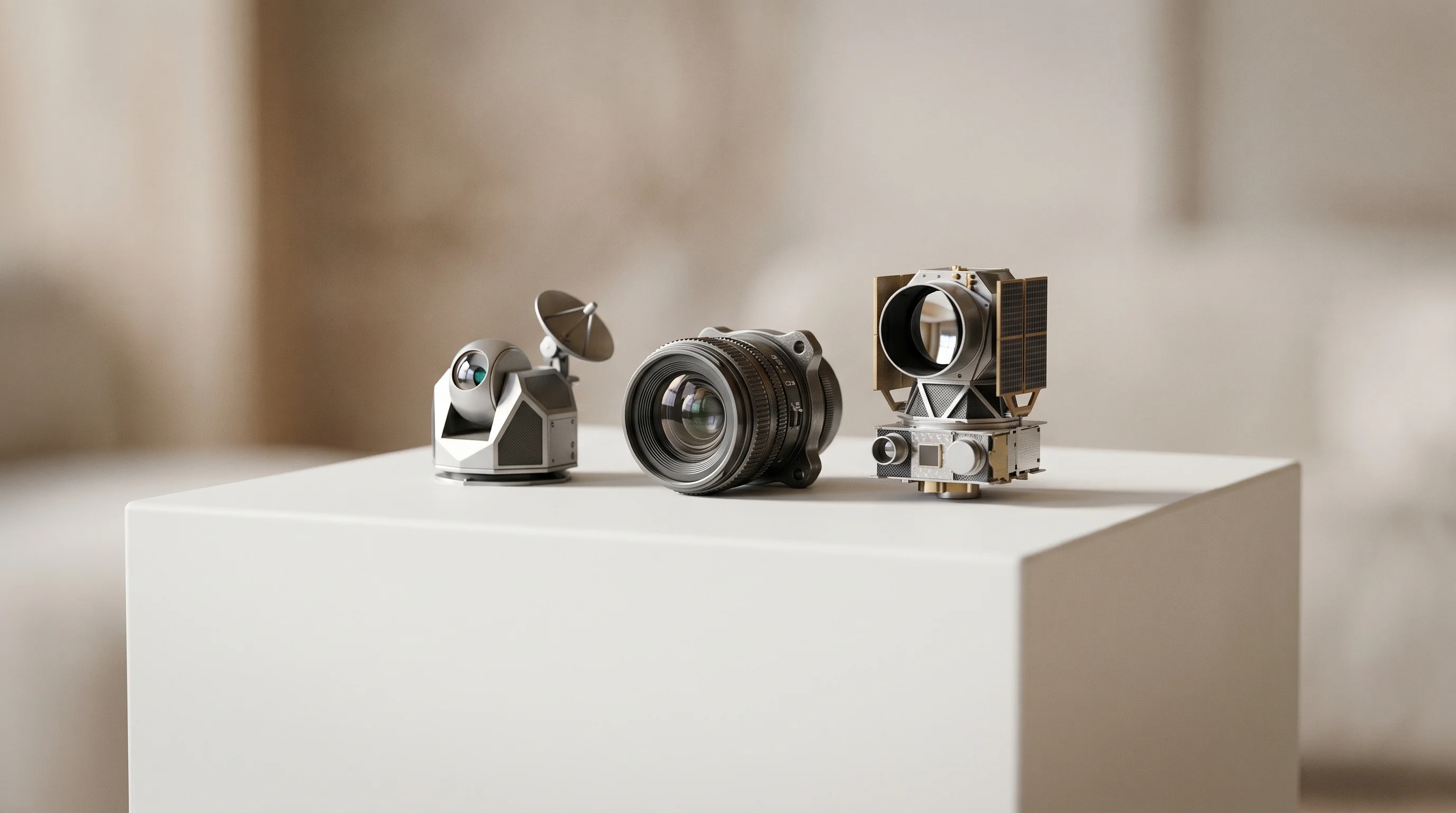 Digital illustration for article section "Three Product Lines, One Bet" in "Observable Space Raises $90M Series A, Wins $94M Space Force Deal" - A conceptual macro photograph of three distinct, beautifully crafted miniature models arranged close...