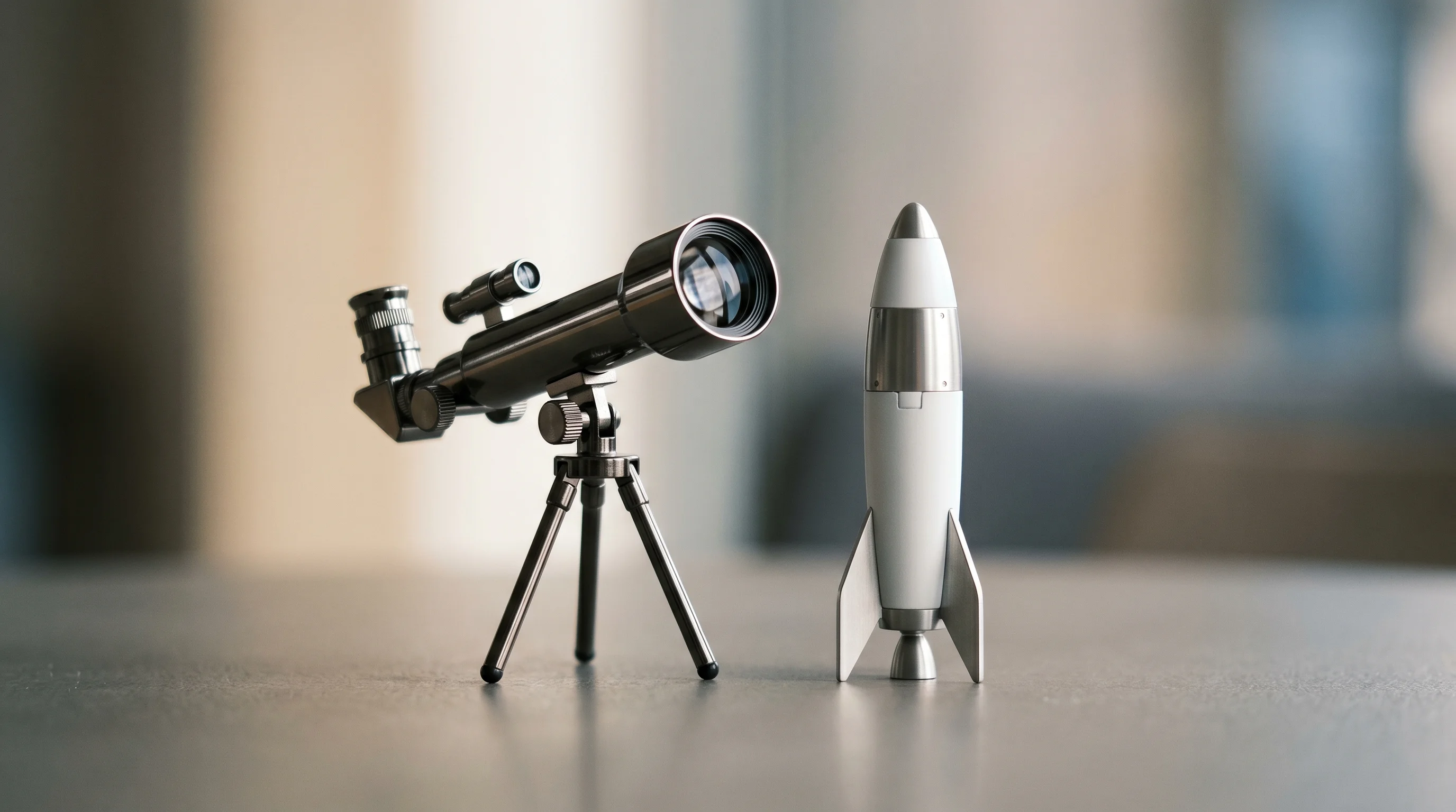 Digital illustration for article section "The Founders Behind the Merger" in "Observable Space Raises $90M Series A, Wins $94M Space Force Deal" - A creative macro photography shot of a sleek, miniature modern telescope placed beside a tiny, minim...