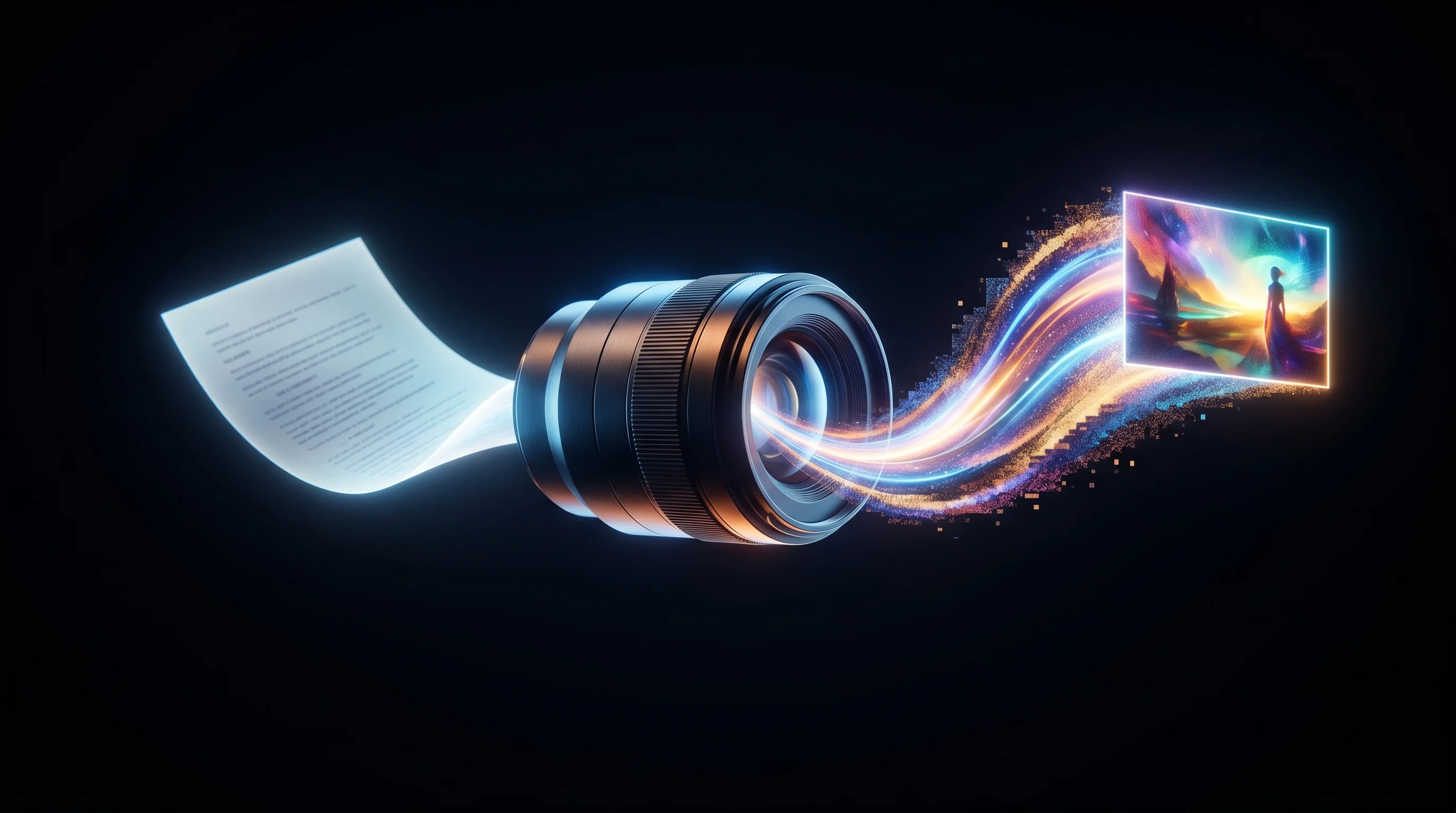 Digital illustration for article section "The Video Agent Under the Hood" in "YouArt Launches Patreon-Style Platform for AI Video Creators" - A sleek, abstract camera lens suspended in a deep black void, symbolizing a powerful video agent und...
