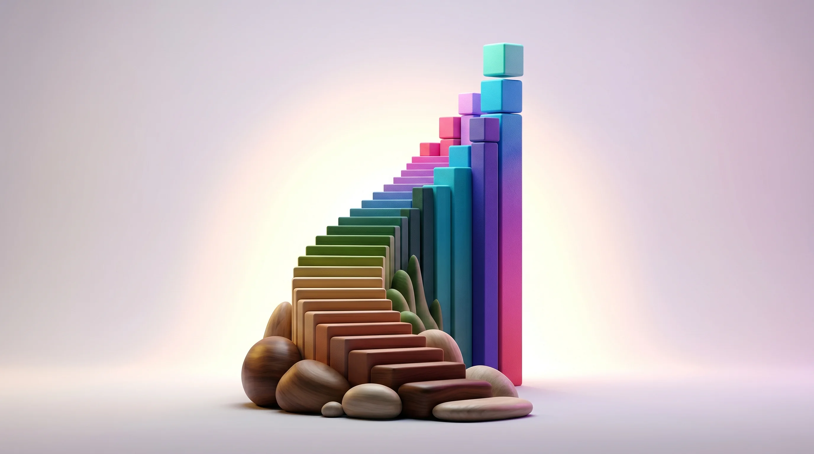 Digital illustration for article section "Content Section 2" in "Sekai Raises $20M to Turn Software Creation Into Social Media" - A conceptual and minimalist 3D illustration of an exaggerated, steep upward-curving staircase symbol...