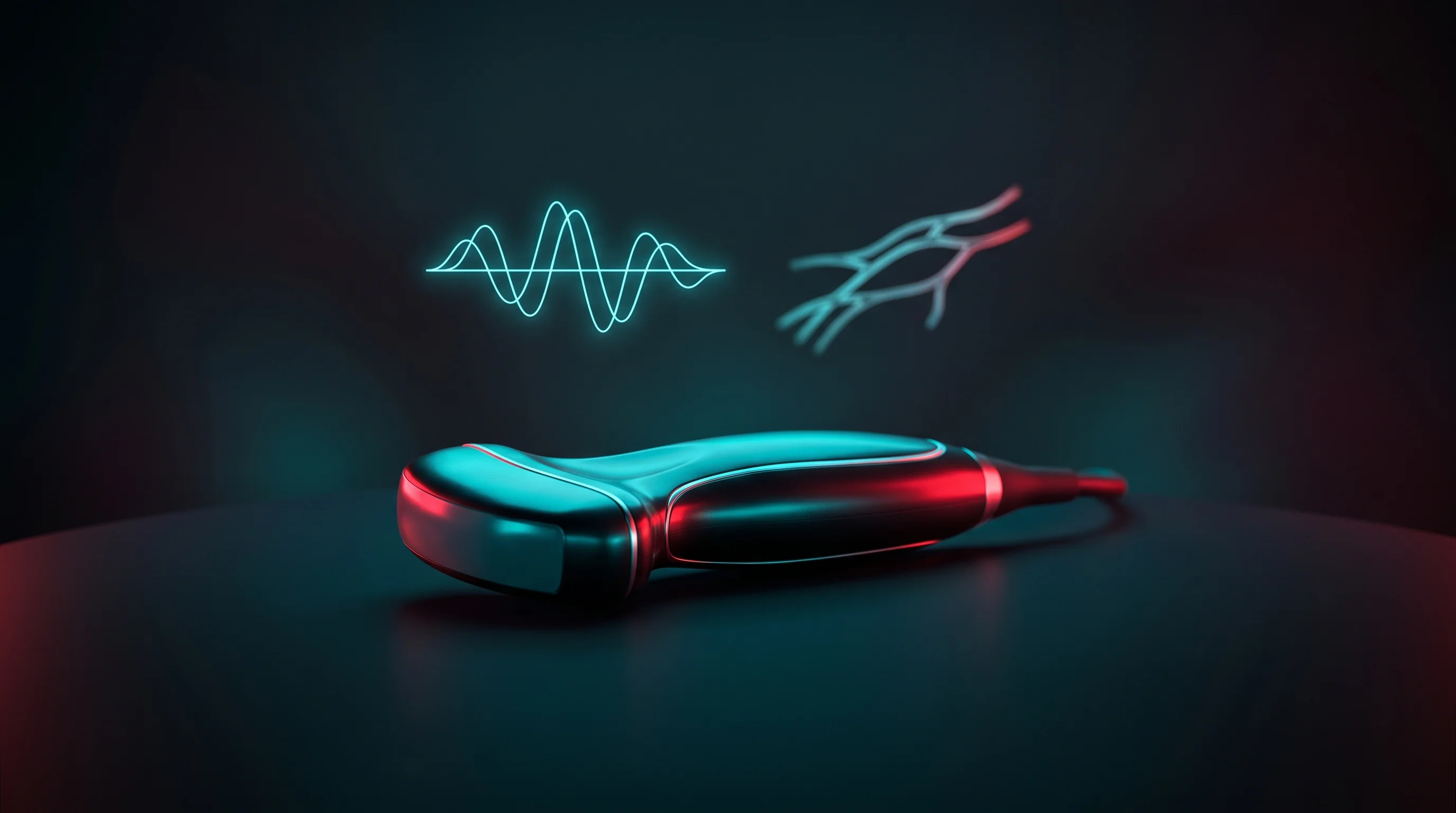 Digital illustration for article section "The AI Angle" in "YC-Backed Lumius Aims to Democratize 3D Ultrasound for Procedures" - A sleek, modern medical ultrasound transducer resting on a smooth, uncluttered surface, representing...