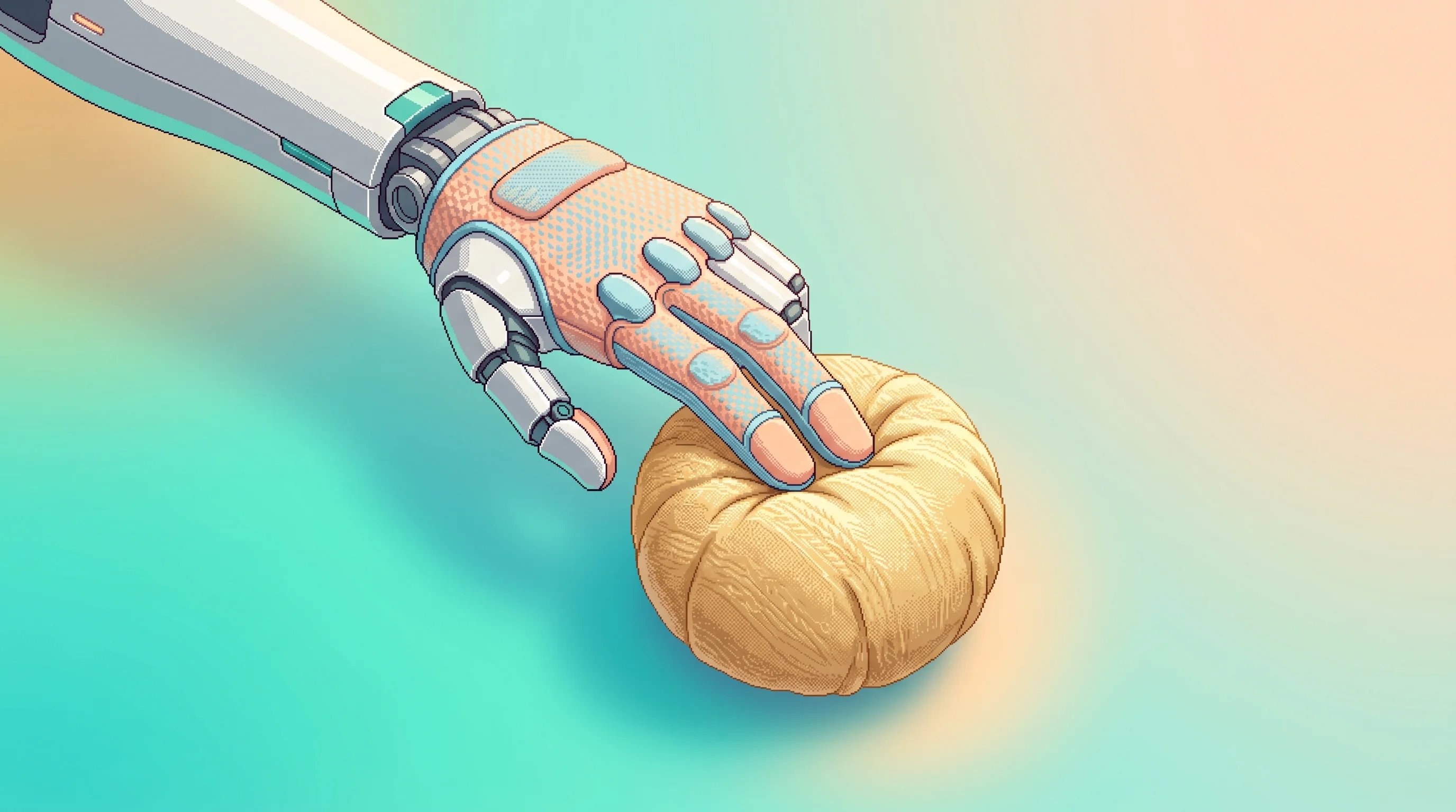 Digital illustration for article section "The Race to Teach Robots to Feel" in "Teaching Robots to Think Like Humans: The Intelligence Bottleneck" - A clean, minimal composition viewed from a top-down isometric perspective, featuring a sleek, modern...