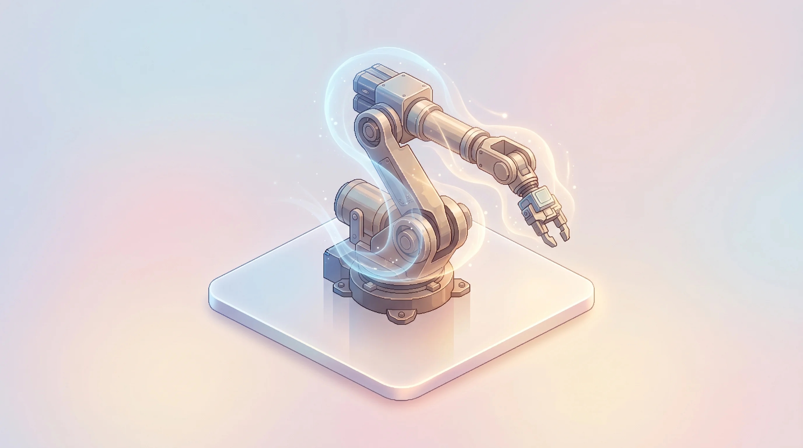 Digital illustration for article section "What Comes Next" in "Teaching Robots to Think Like Humans: The Intelligence Bottleneck" - A clean, minimal isometric view of a single, heavy-duty industrial robotic arm resting on an unclutt...