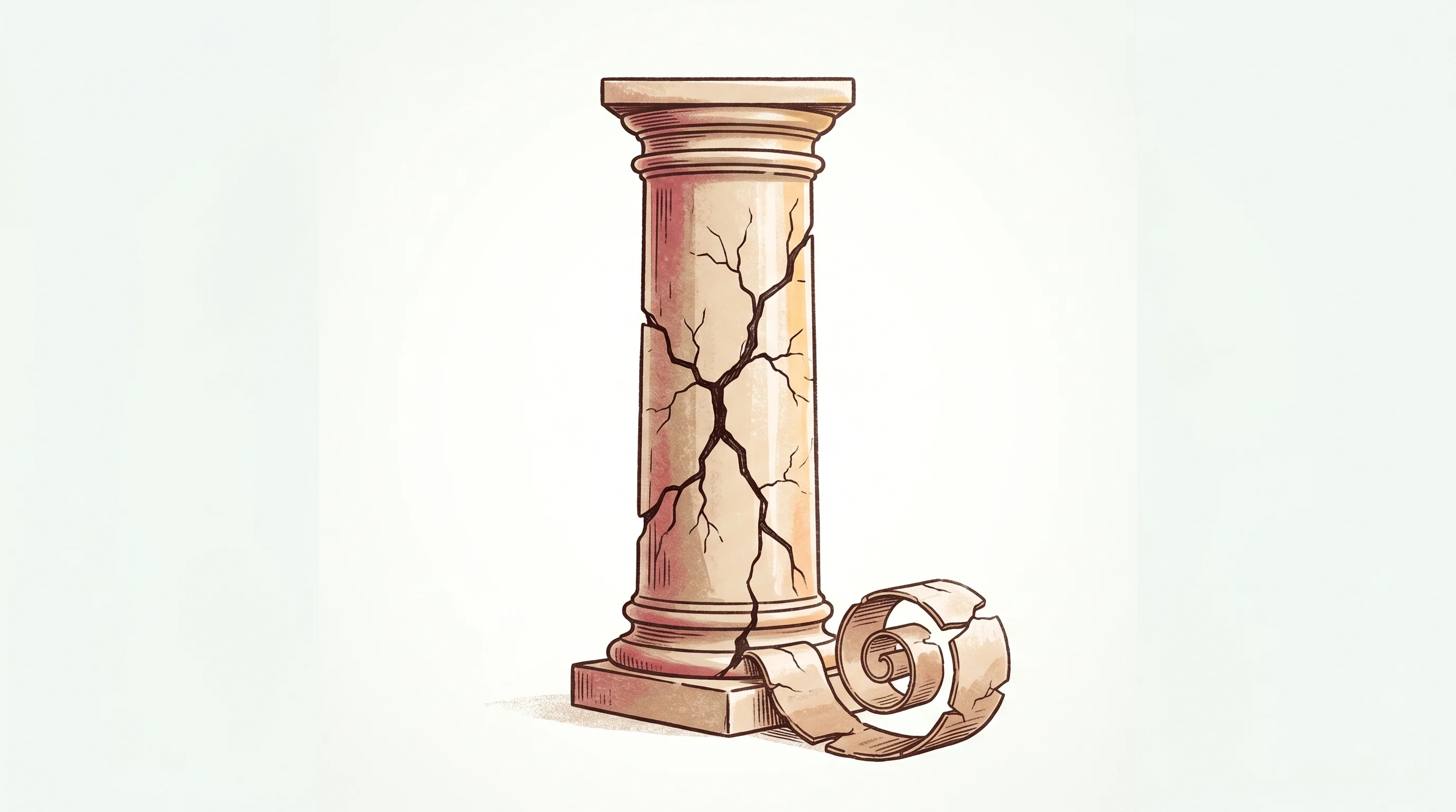 Digital illustration for article section "The Cracks Are Showing" in "Meet Thomas: The First AI Founder Running Its Own Companies" - A minimalist, conceptual illustration of a single, monumental architectural pillar representing ente...