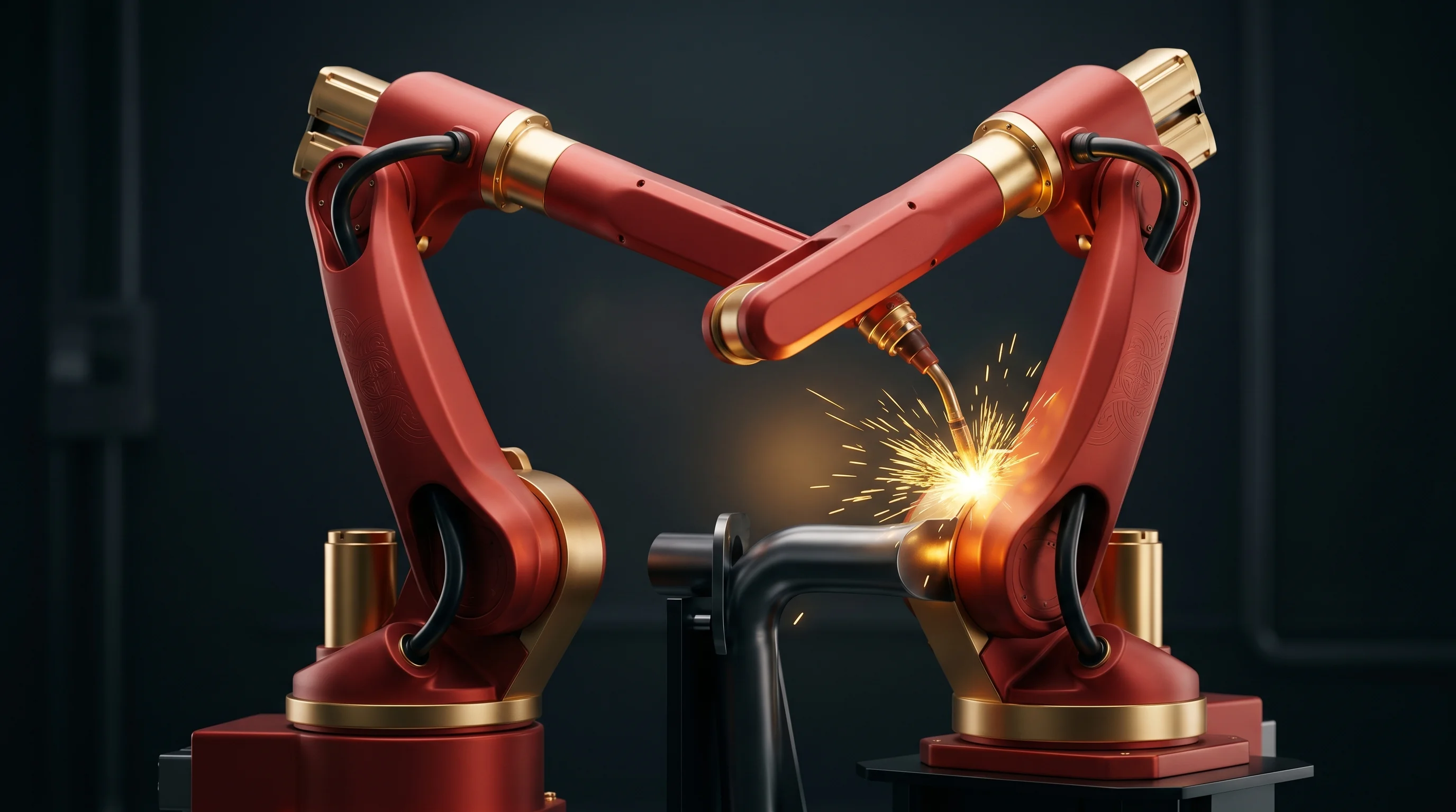 Digital illustration for article section "Startups and Giants Both Bet on Augmentation" in "AI Welding Robots Target America's 320,000-Worker Shortage" - A sleek, modern robotic welding arm meticulously fusing a smooth metal joint, representing the foref...