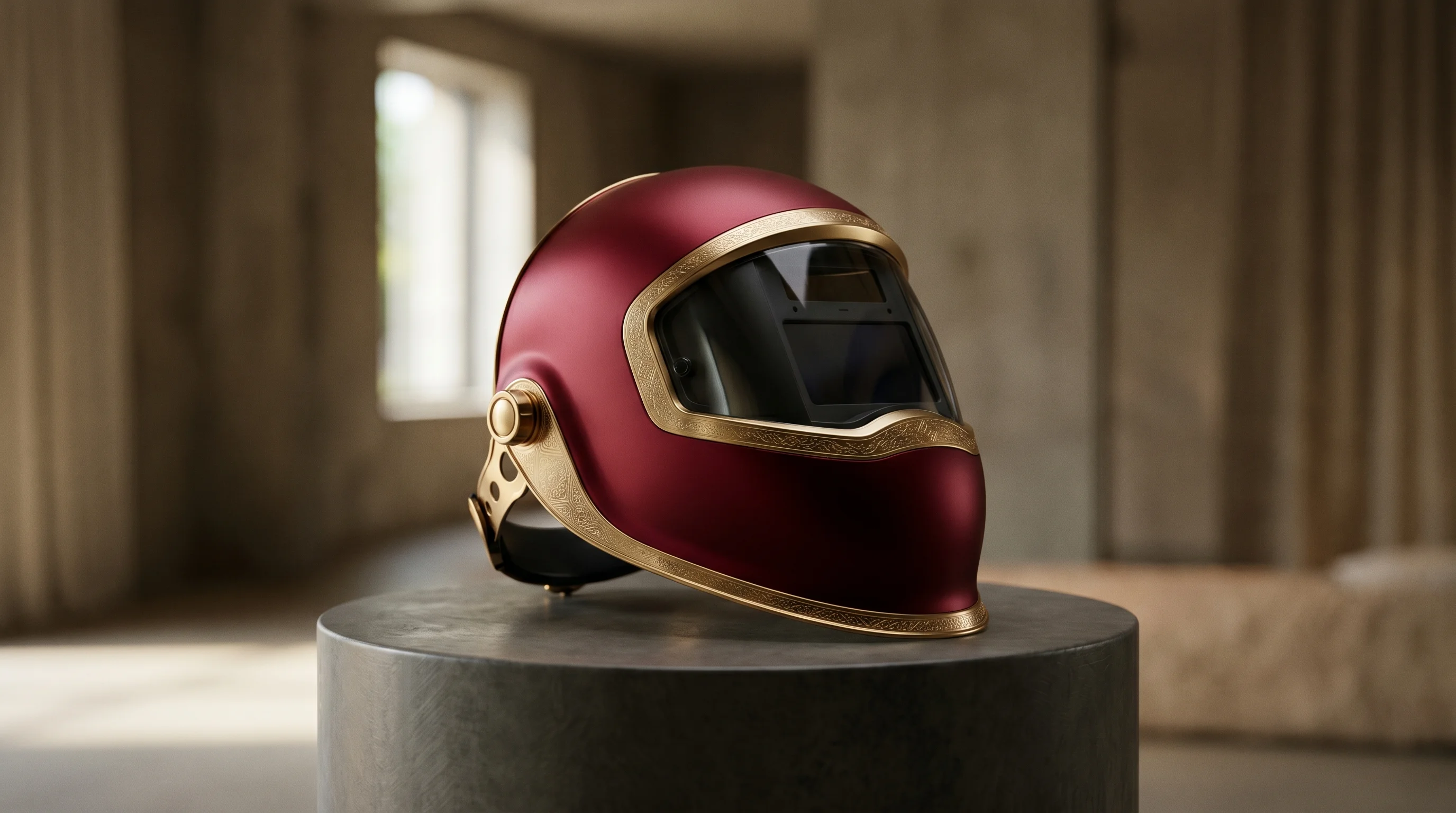Digital illustration for article section "The Training and Standards Race" in "AI Welding Robots Target America's 320,000-Worker Shortage" - A sleek, modern augmented reality welding helmet rests elegantly on a minimalist pedestal, symbolizi...