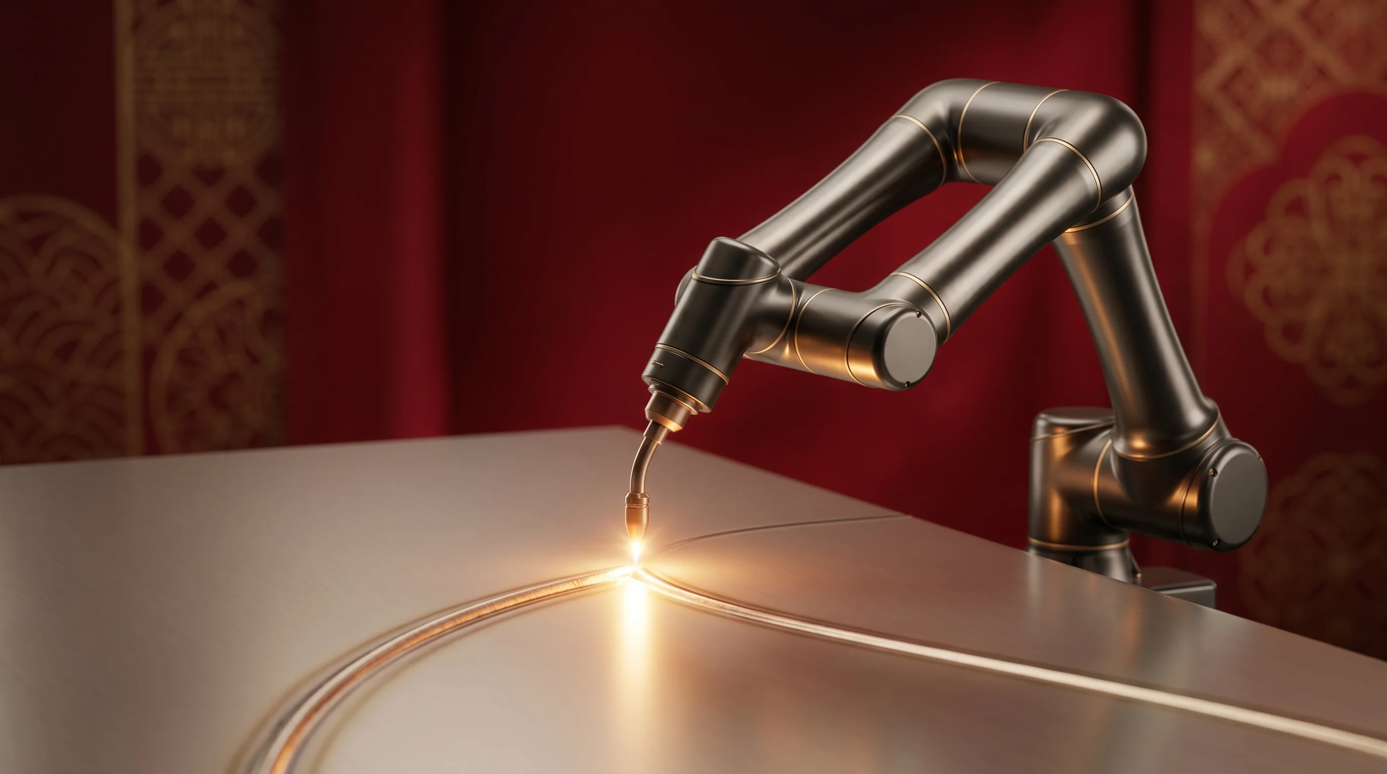 Digital illustration for article section "What Comes Next" in "AI Welding Robots Target America's 320,000-Worker Shortage" - A sleek, modern collaborative robotic welding arm precisely tracking a smooth seam on a clean metall...