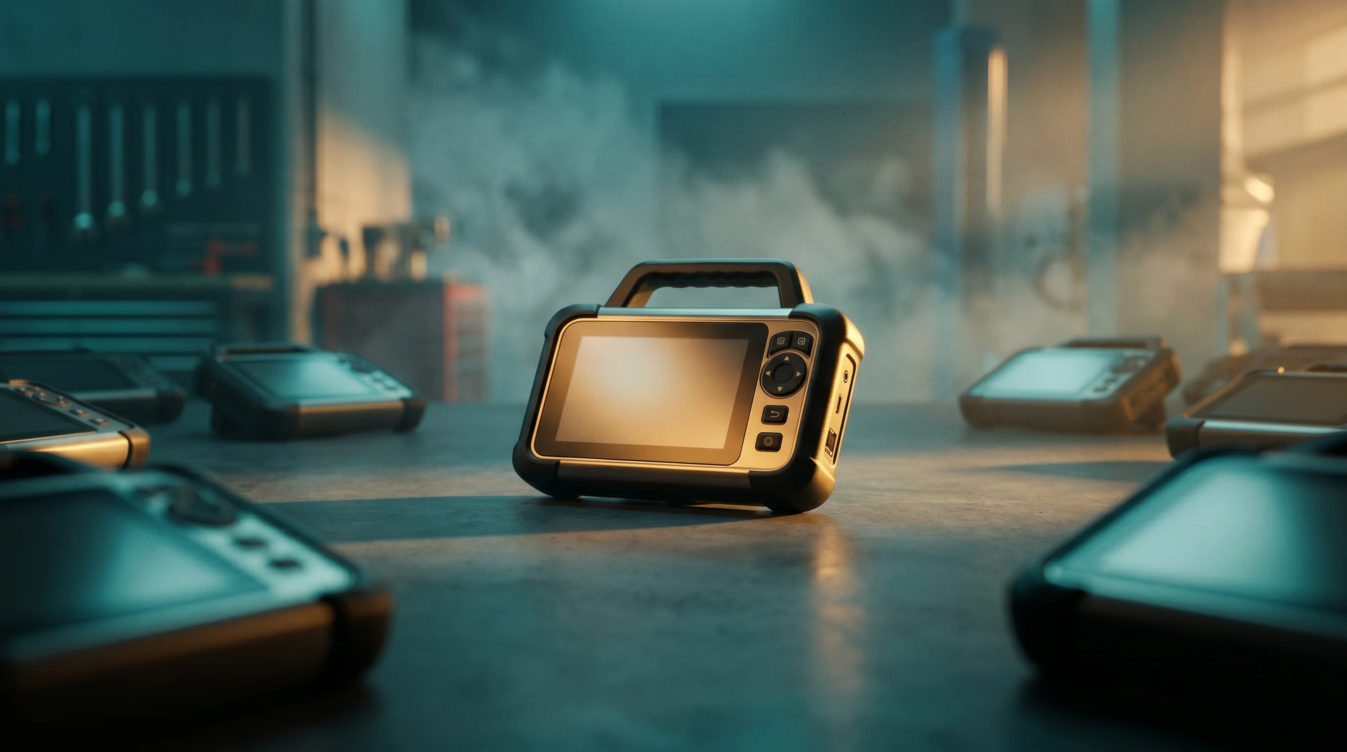 Digital illustration for article section "A Market Already Filling Up" in "YC-Backed Parrot Launches AI 'OS' for Auto Repair Automation" - A clean, minimalist composition featuring a single, highly polished modern automotive diagnostic dev...