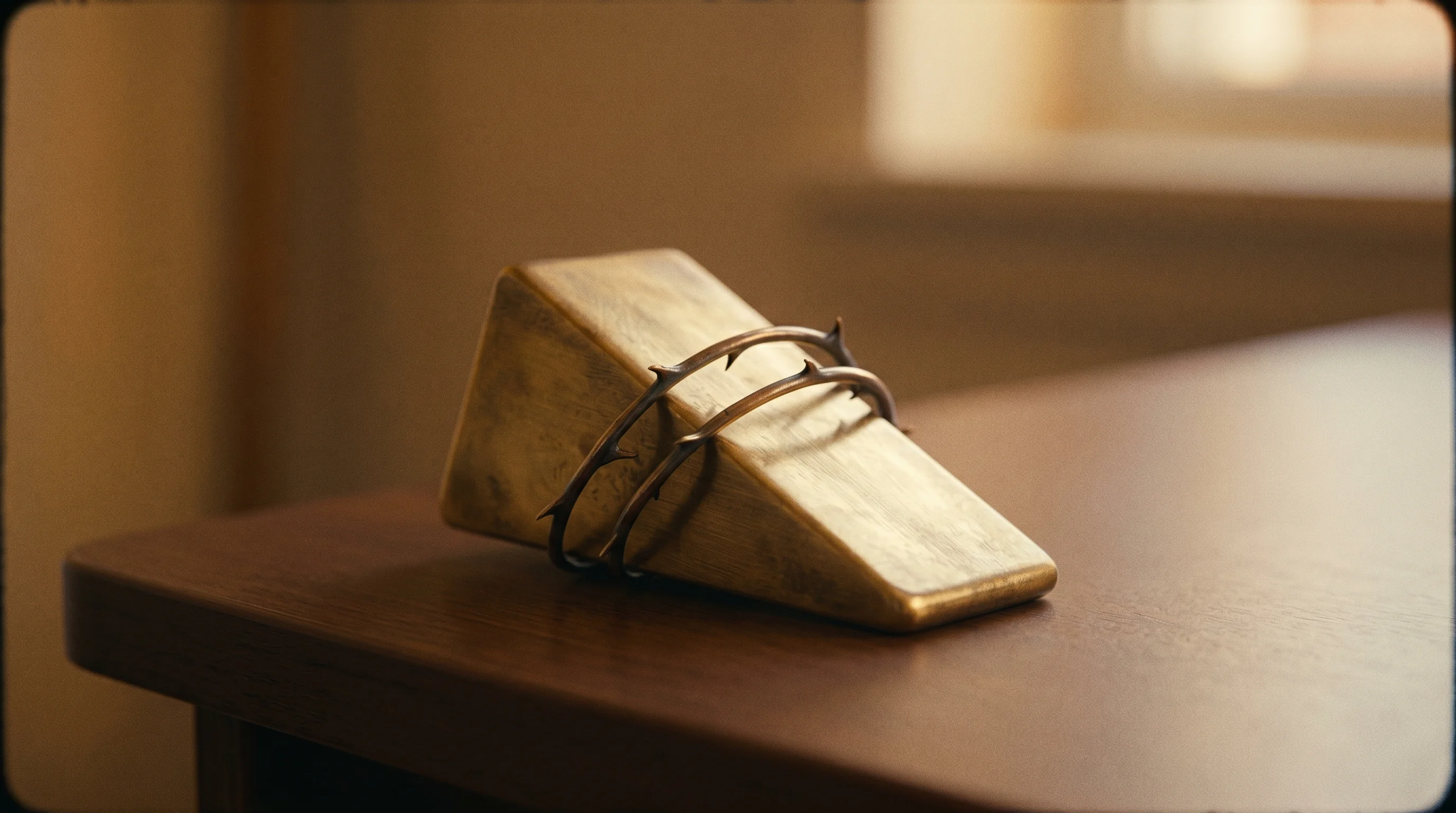 Digital illustration for article section "Why This Wedge Exists" in "Manicule Launches AI-Native DevRel Platform, Hits $58K MRR" - A minimalist and conceptual still life featuring a single, heavy golden geometric wedge resting on a...