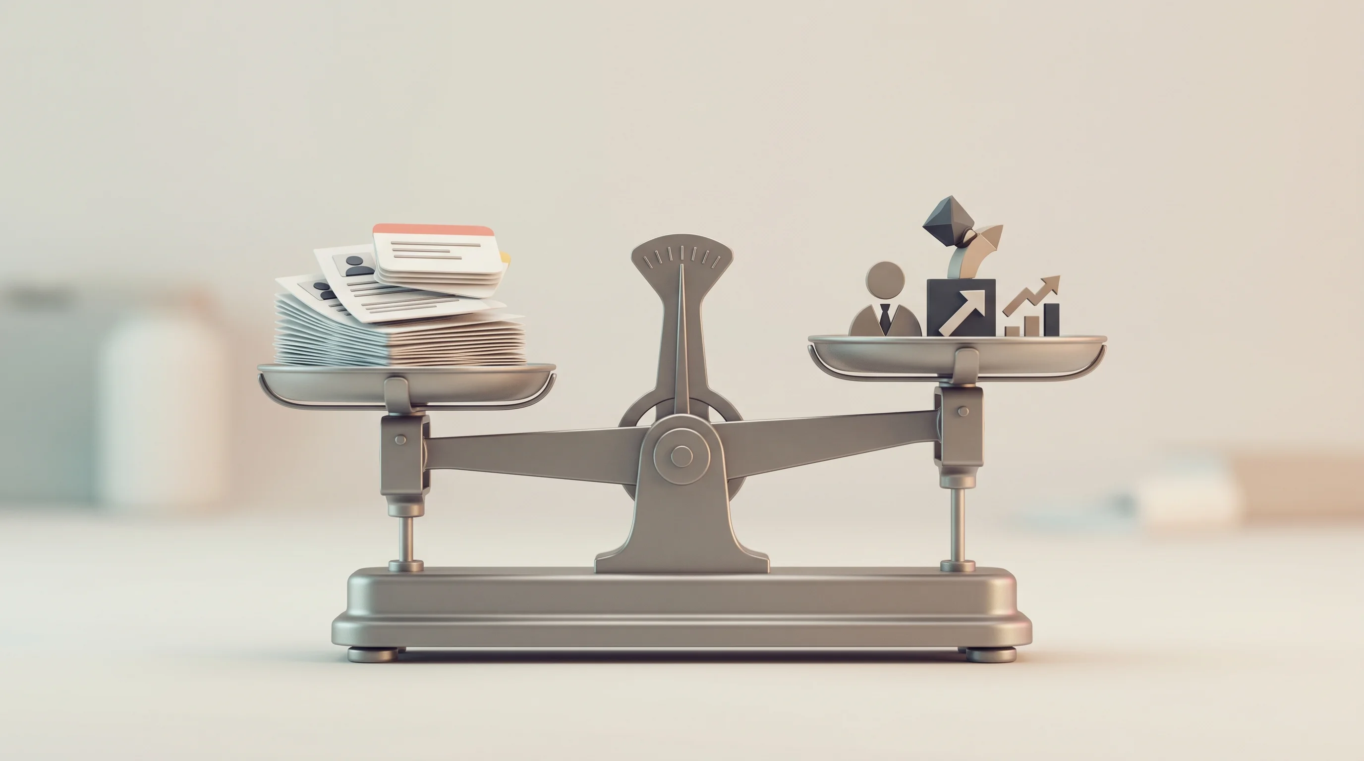 Digital illustration for article section "Two-Sided Ambitions" in "YC-Backed Prism Launches AI Recruiting Agency That Replaces Headhunters" - A clean, minimalist composition featuring a meticulously crafted, retro-futuristic mechanical balanc...
