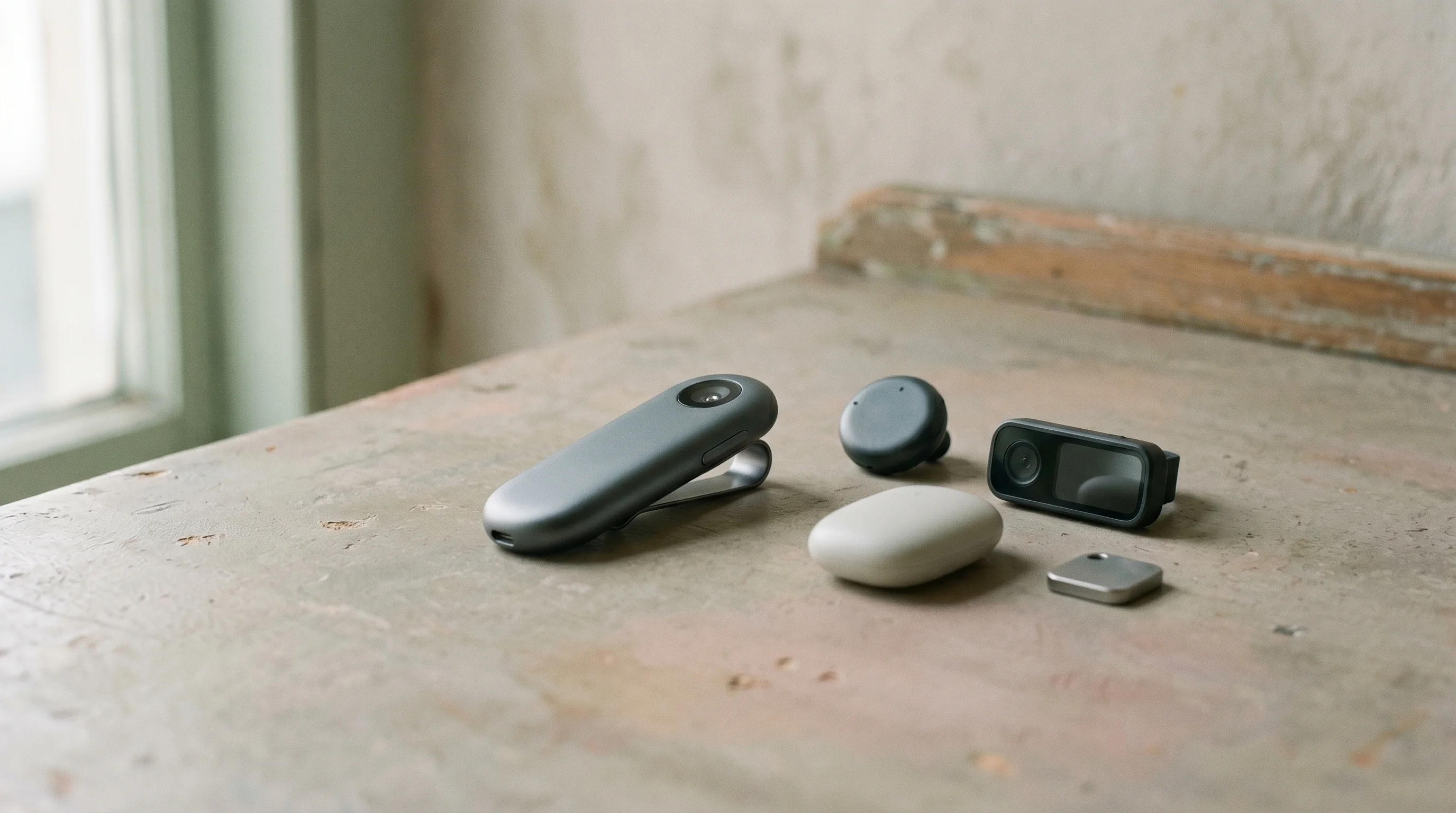 Digital illustration for article section "Hardware Graveyards and Competency Bets" in "OpenAI Bets $40M on Opal's Pivot From Webcams to AI Audio" - A conceptual, minimalist still life representing a modern AI hardware graveyard, featuring a sleek, ...