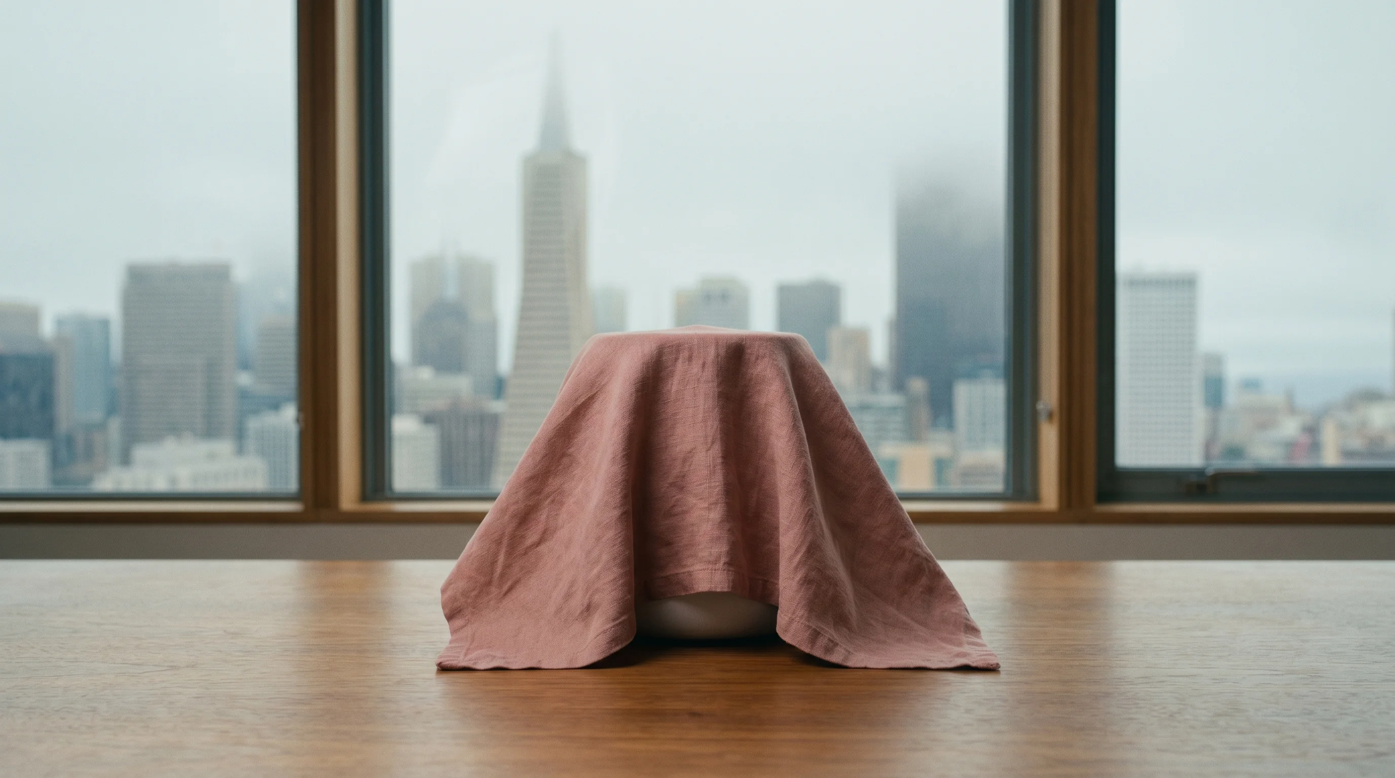 Digital illustration for article section "The Unknowns" in "OpenAI Bets $40M on Opal's Pivot From Webcams to AI Audio" - A perfectly symmetrical, minimal composition featuring a sleek, unidentifiable device draped in a so...