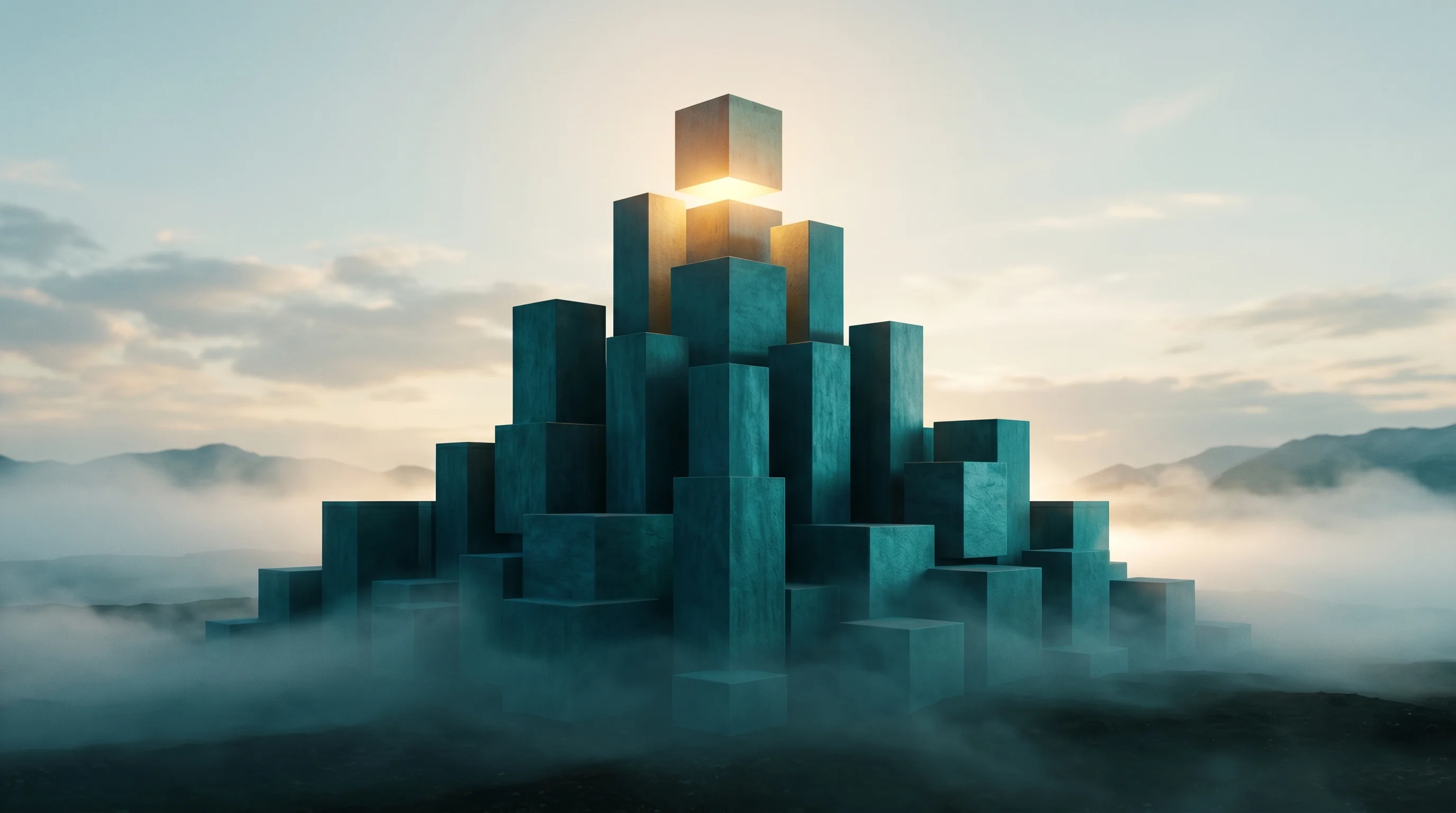 Digital illustration for article section "Rebuilding the Team" in "Circle Medical Founders Raise $12M for AI Primary Care Startup Clara" - A conceptual, minimalist composition featuring a series of sleek, interlocking geometric pillars and...
