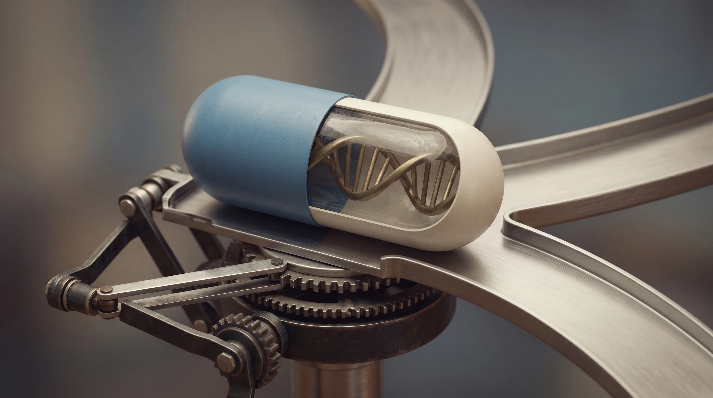Digital illustration for article section "The Regulatory Unknown" in "Programmable DNA Drugs: The Race to Target 'Undruggable' Cancers" - A conceptual, macro-level 3D rendering of an oversized, matte-finished pharmaceutical capsule contai...