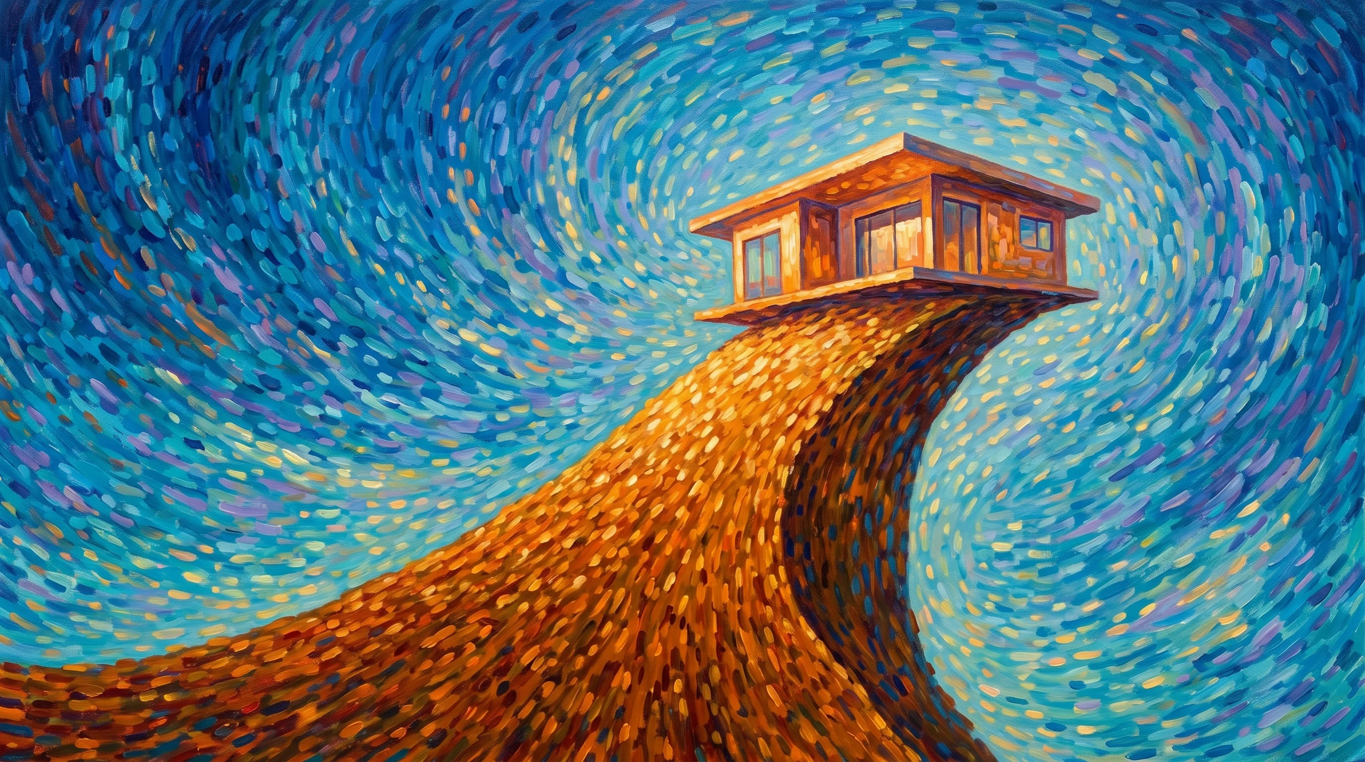Digital illustration for article section "Why Now?" in "Drafted Raises $16M to Democratize Home Design with Generative AI" - A conceptual, minimal composition of a solitary, modern single-family home resting precariously at t...