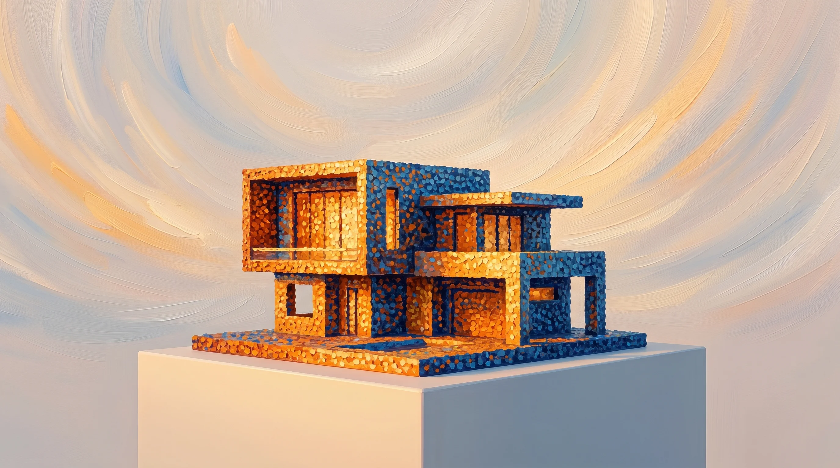 Digital illustration for article section "What Happens Next" in "Drafted Raises $16M to Democratize Home Design with Generative AI" - A conceptual, minimalist architectural model of a modern home structure resting on a clean, simple p...