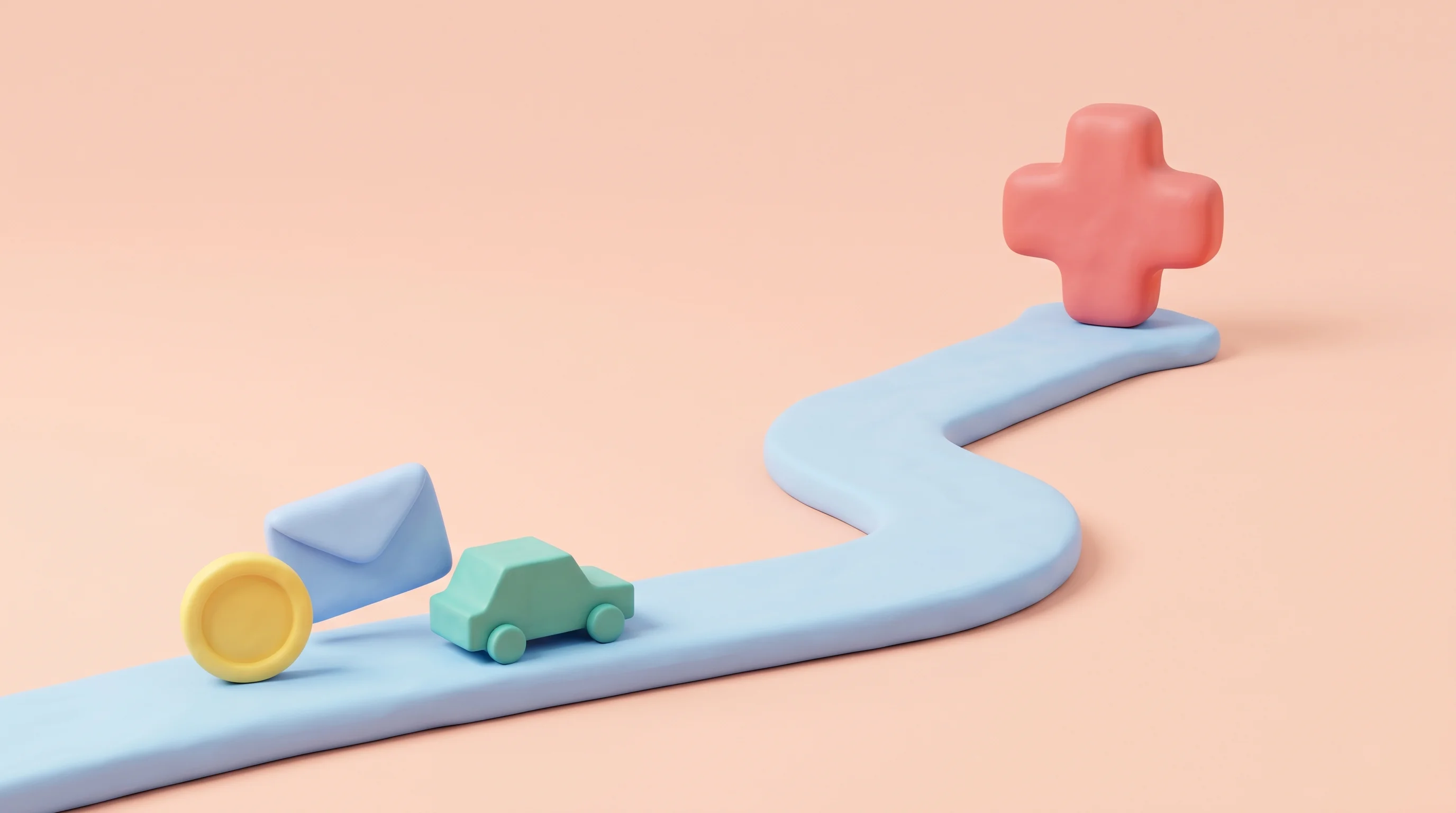 Digital illustration for article section "The Founders' Path" in "Lassie Lands $35M A16z Round to Automate Healthcare Practice Ops" - A minimalist, conceptual 3D illustration representing a career transition path from fast-paced consu...