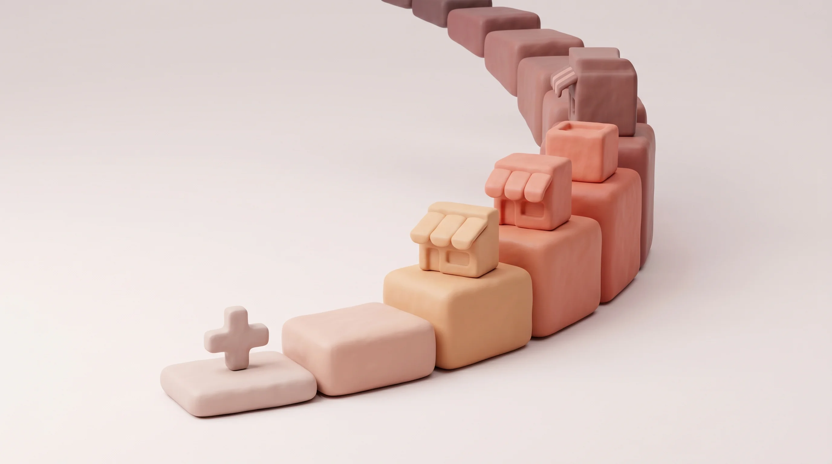 Digital illustration for article section "What Comes Next" in "Lassie Lands $35M A16z Round to Automate Healthcare Practice Ops" - A conceptual, minimalist 3D clay rendering representing business expansion and future growth, featur...