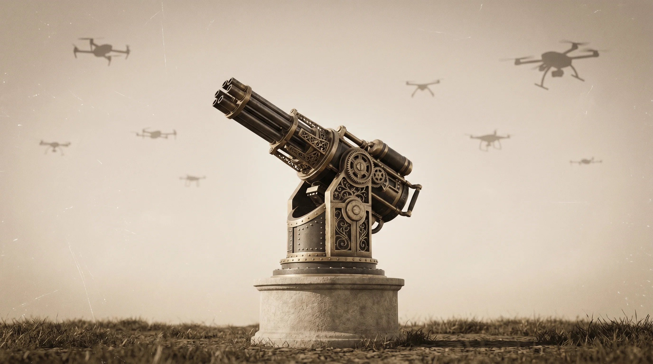 Digital illustration for article section "A Crowded Sky" in "YC-Backed 9 Mothers Ships EDDA: AI Counter-Drone Defense System" - A conceptual and minimalist composition featuring a single, intricately detailed multi-barreled defe...
