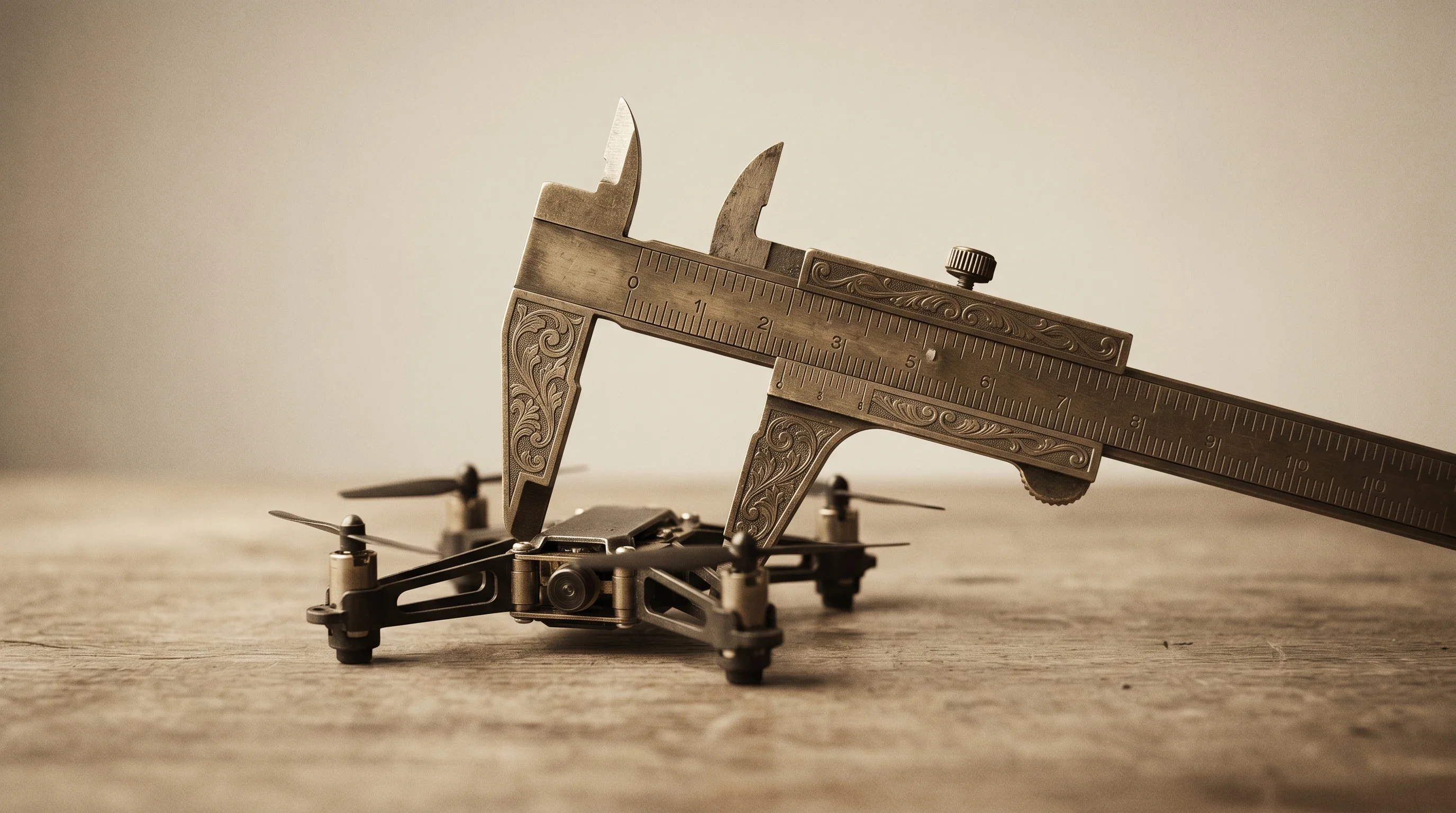 Digital illustration for article section "The Unsentimental Calculus" in "YC-Backed 9 Mothers Ships EDDA: AI Counter-Drone Defense System" - A minimalist, conceptual composition featuring a single, ornate antique brass drafting caliper preci...
