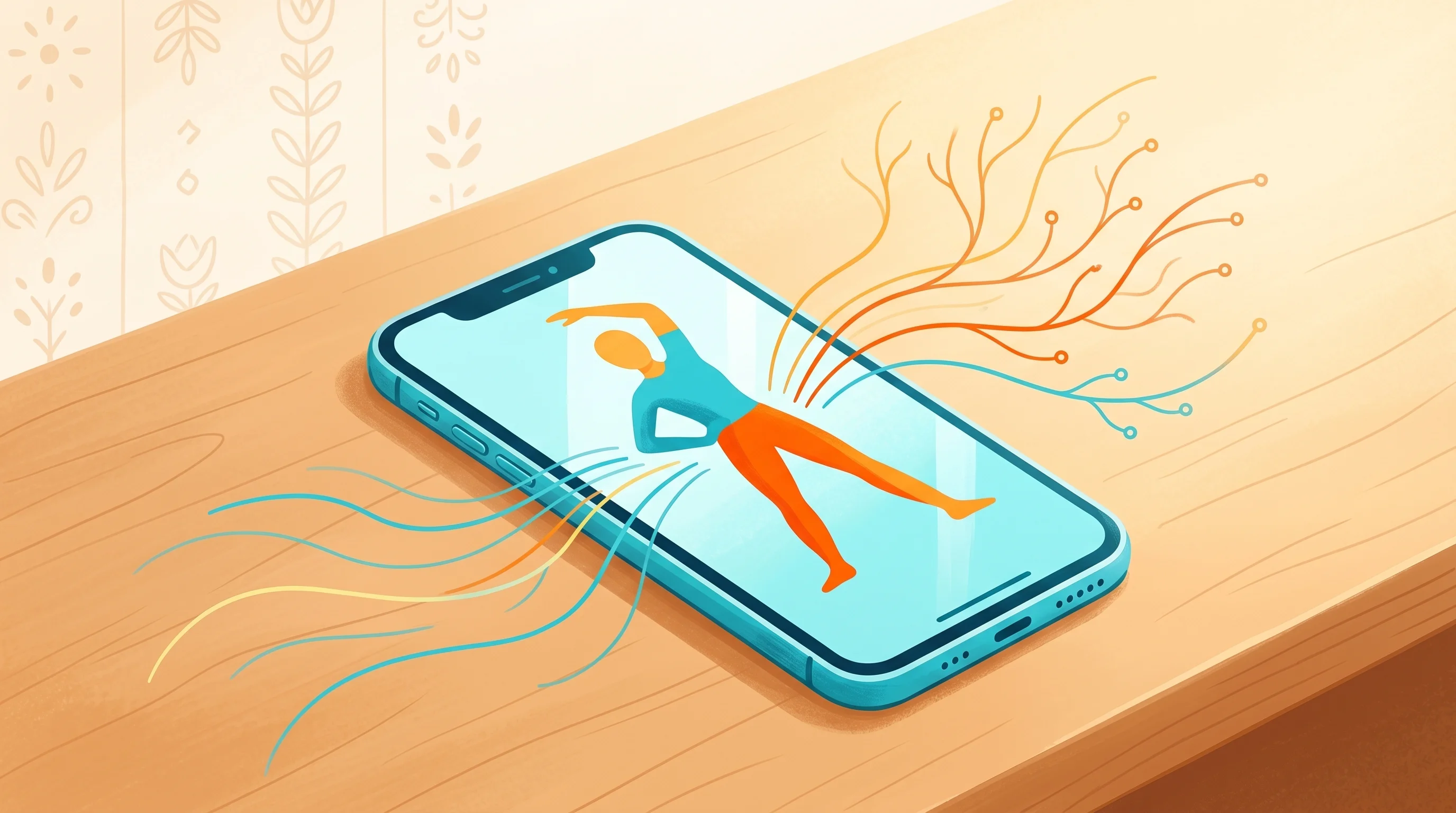 Digital illustration for article section "How It Works (and Whether Patients Actually Use It)" in "Flok Health Raises $12.5M Series A for AI Physiotherapist Platform" - A clean, minimalist composition featuring a sleek modern smartphone resting on a smooth, uncluttered...