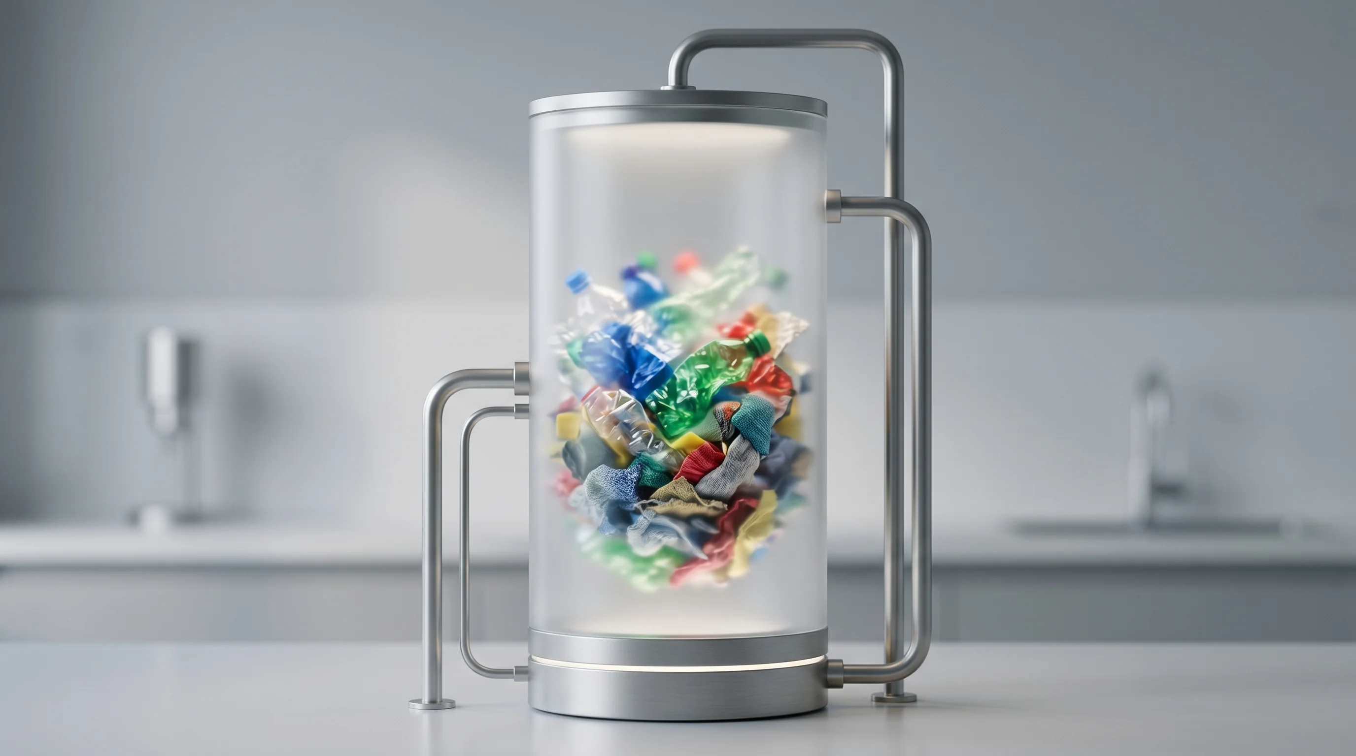 Digital illustration for article section "From Demo Plant to the Real Thing" in "GR3N Raises €15.5M Series B for Microwave-Based PET Recycling" - A sleek, minimalist, semi-transparent processing vessel centrally positioned against a soft, unclutt...