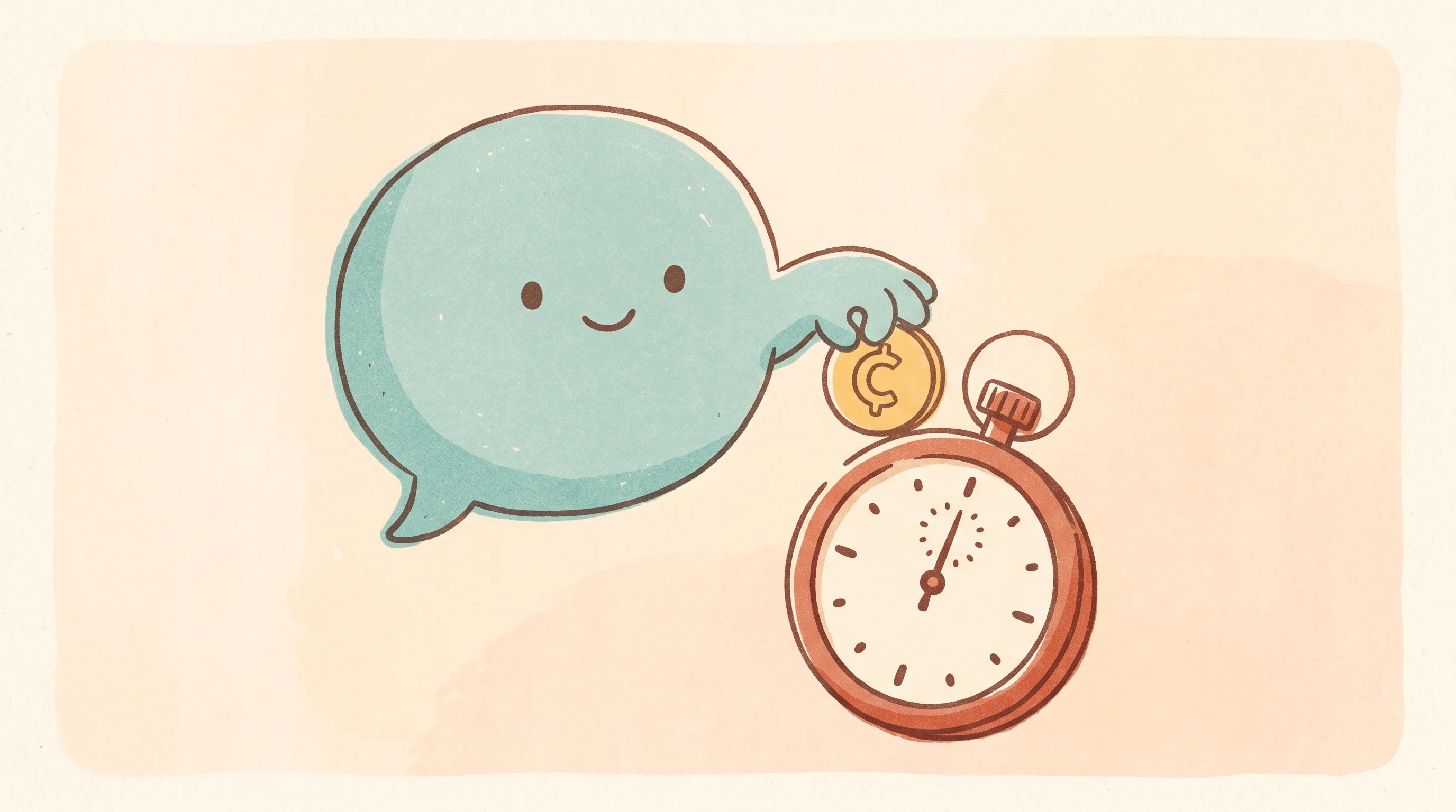 Digital illustration for article section "The Economics of Machine-to-Human Gigs" in "YC's Humwork Lets AI Agents Hire Human Experts in 30 Seconds" - A cozy indie illustration of a large, friendly, rounded chat bubble gently dropping a stylized coin ...
