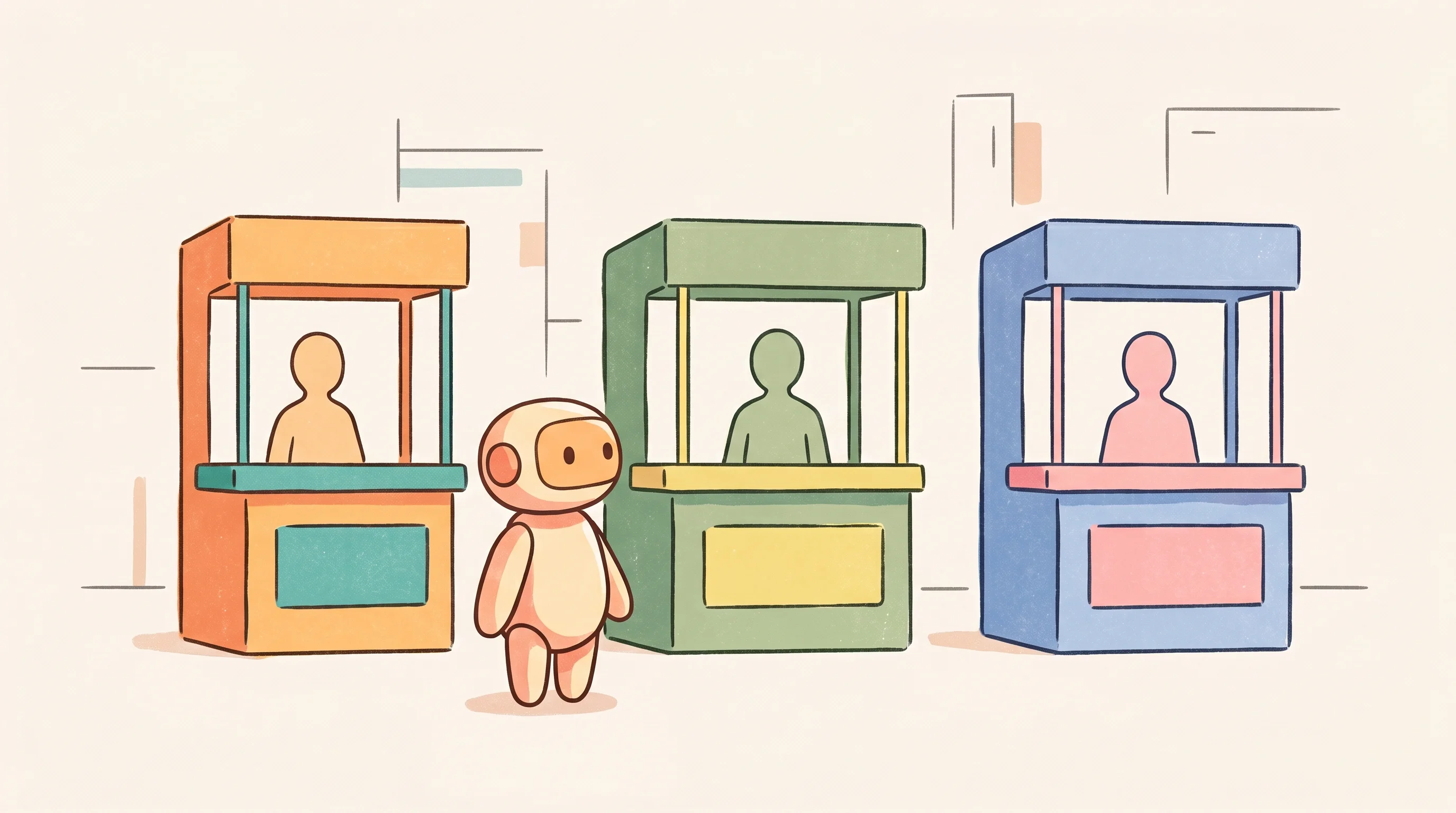 Digital illustration for article section "Not Alone in the Arena" in "YC's Humwork Lets AI Agents Hire Human Experts in 30 Seconds" - A clean, minimal marketplace scene depicting a competitive arena for AI human backup services, rende...