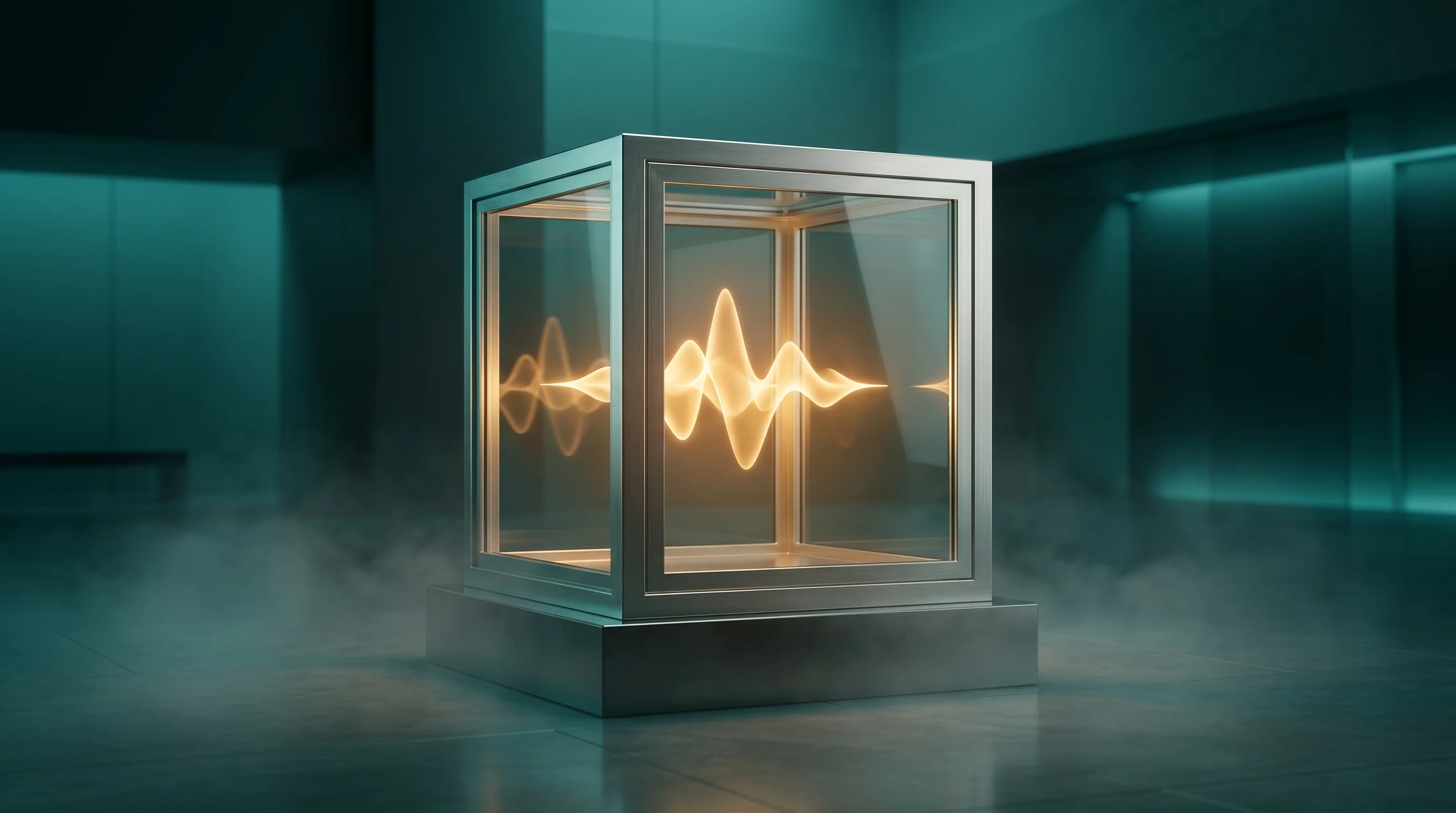 Digital illustration for article section "The On-Prem Angle" in "Miso Labs Launches Open-Source Voice AI Faster Than Humans" - A sleek, minimalist glass and brushed steel vault resting on a polished pedestal, securely enclosing...