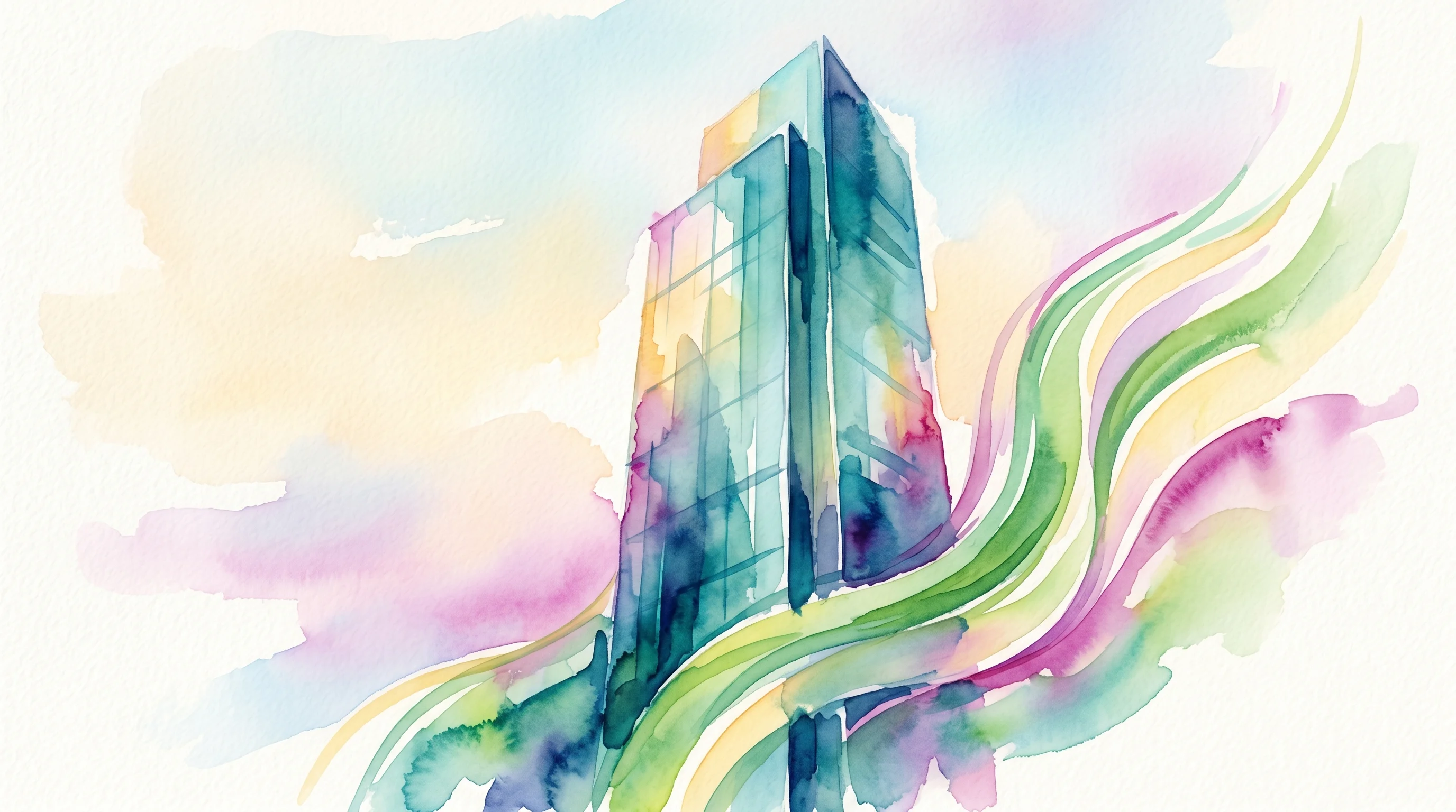 Digital illustration for article section "Aggressive Hiring, Big Infrastructure Bets" in "Fuse Energy Raises $30M Extension at $5B Valuation to Scale UK Model" - A sleek, towering modern glass office building representing a sprawling new Canary Wharf headquarter...