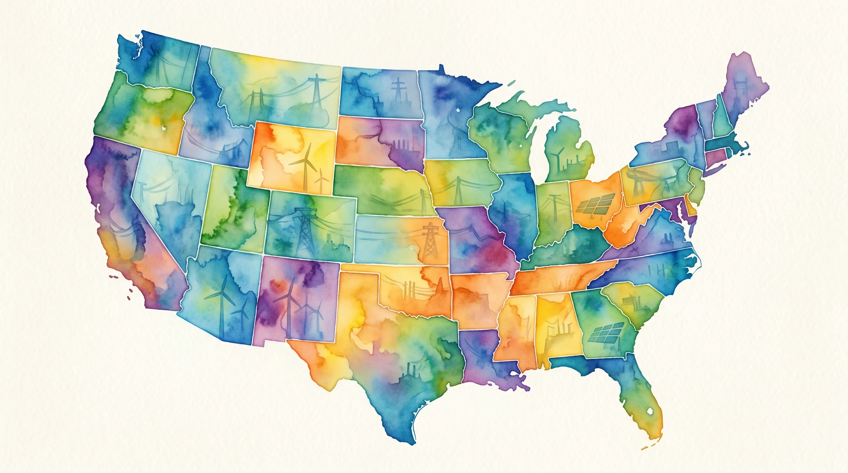 Digital illustration for article section "The American Question" in "Fuse Energy Raises $30M Extension at $5B Valuation to Scale UK Model" - A conceptual, minimalist illustration of the United States map formed by a patchwork of interconnect...