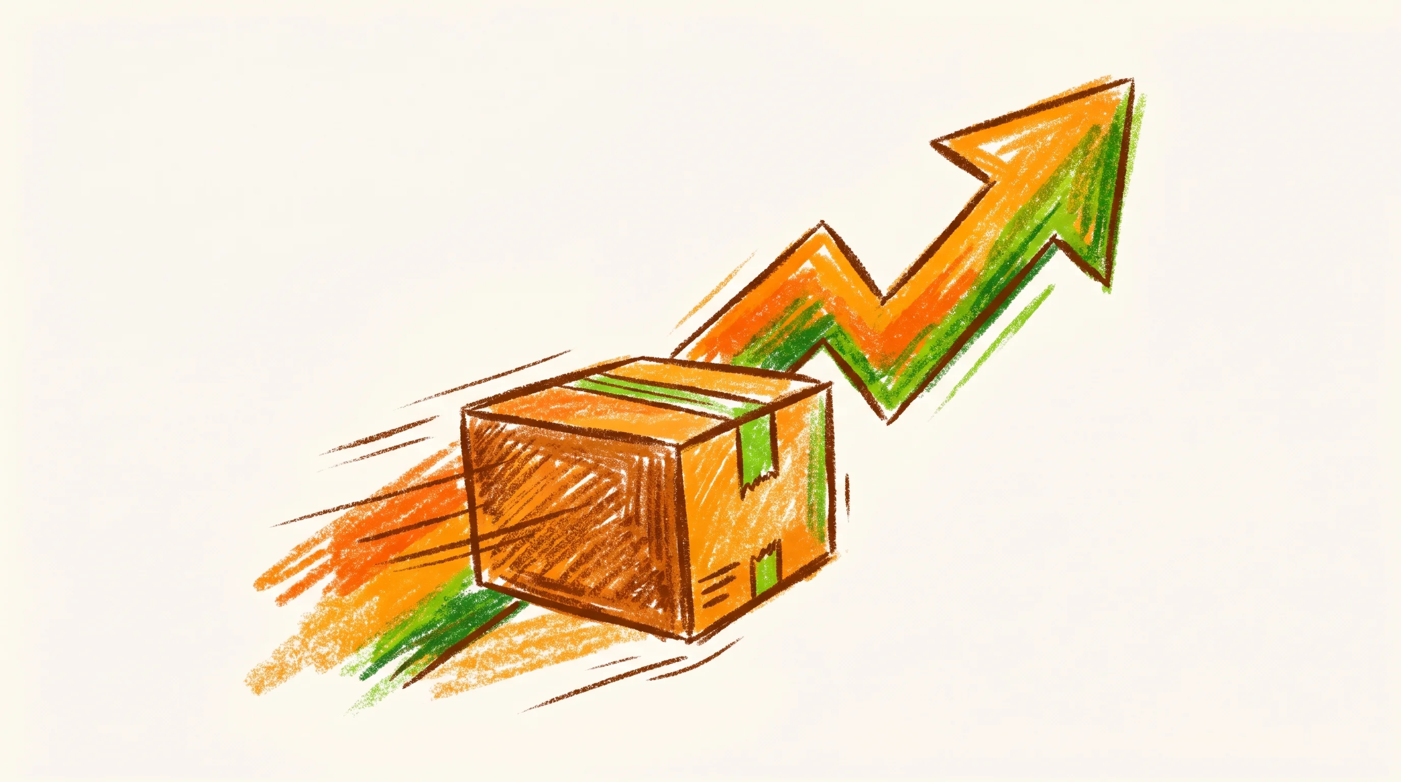 Digital illustration for article section "A Market Heating Up" in "FirstClub Doubles Valuation to $255M on Premium Grocery Bet" - A conceptual illustration of a fast-moving delivery package with a large, dynamic upward-trending ar...