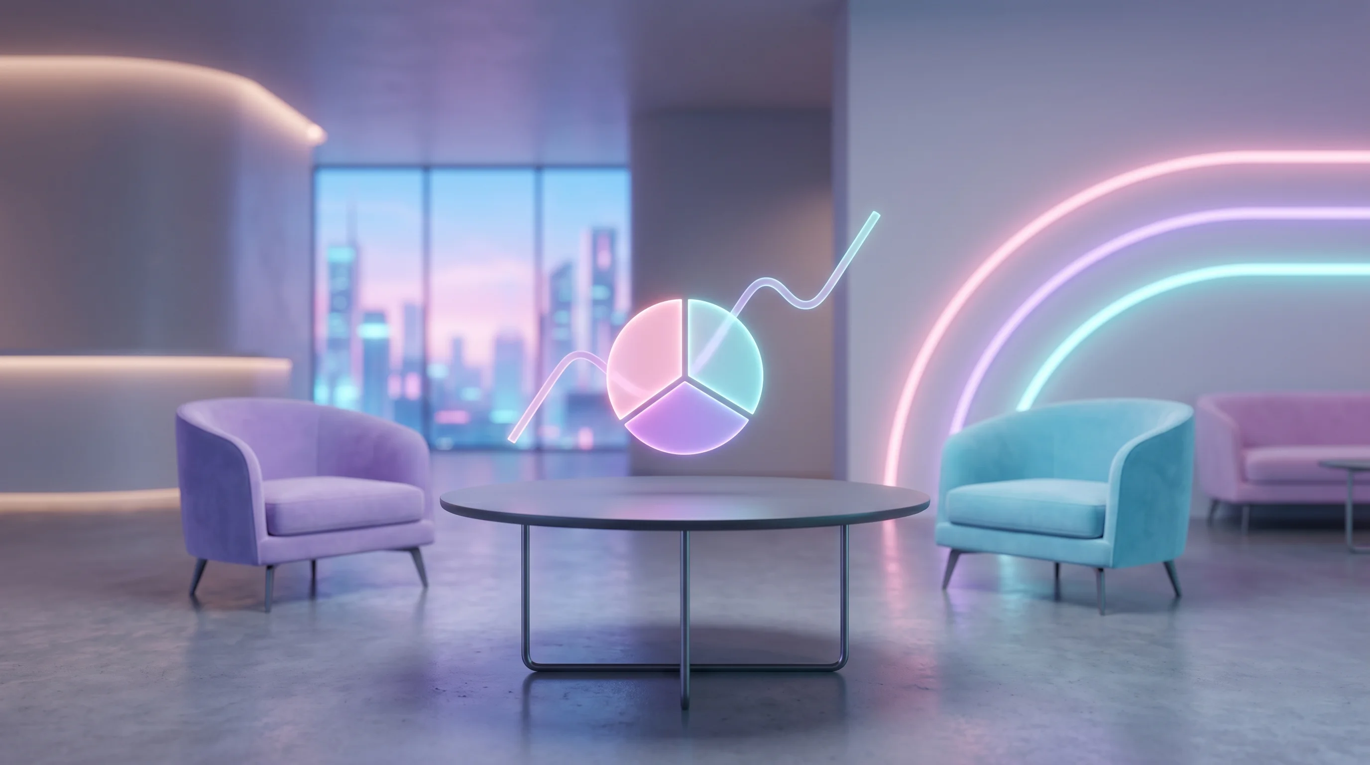 Digital illustration for article section "What's Next" in "Ex-Over Under Founder Raises $4M to Automate QSR Operations" - A clean, minimalist composition of a sleek, modern hospitality lounge area featuring a smooth, empty...