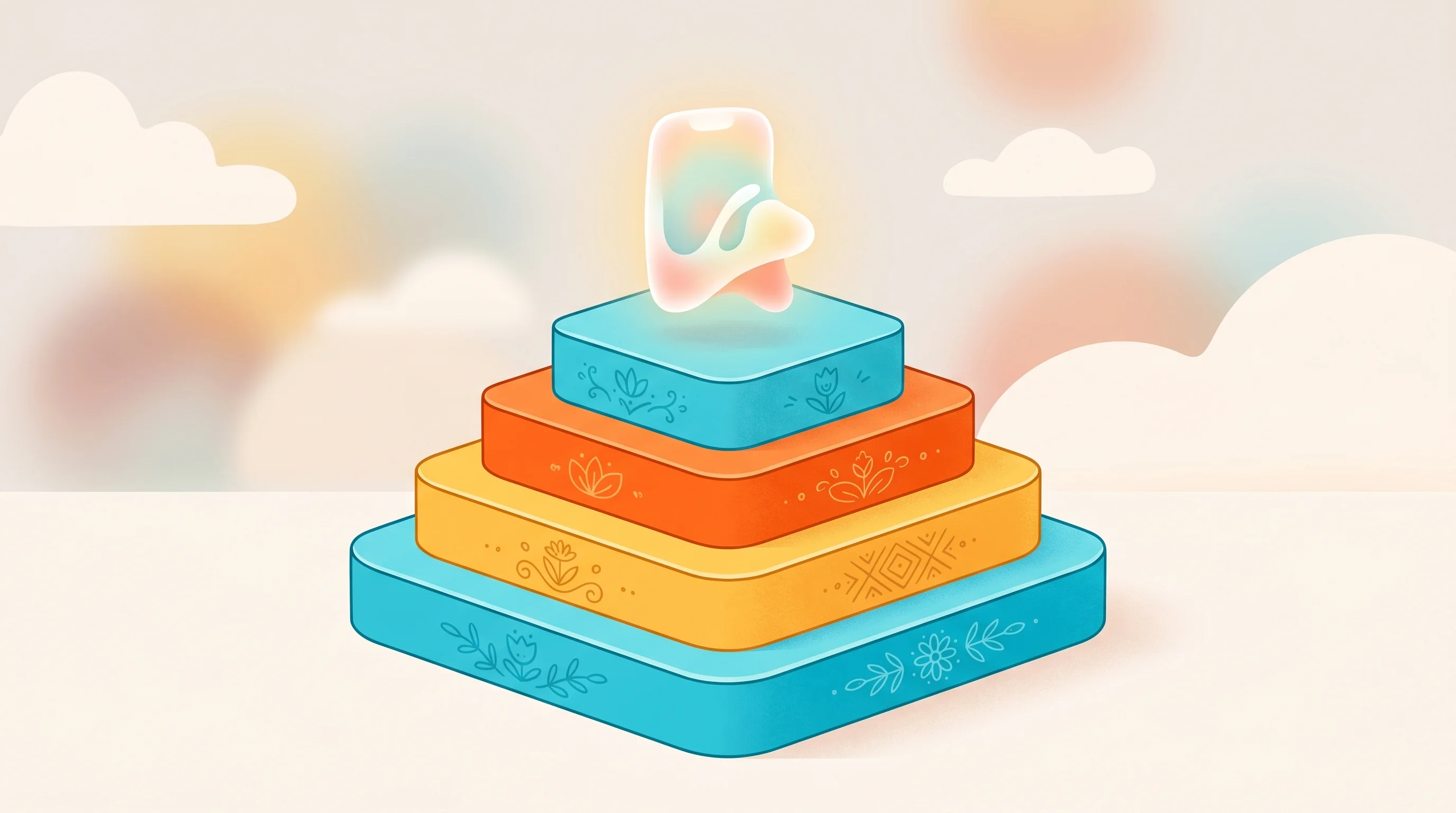 Digital illustration for article section "The Business Behind the App" in "YC-Backed Juno AI Reaches 90K Patients, $70K MRR Since Launch" - A minimalist, conceptual illustration of elegant, ascending tiered platforms representing different ...