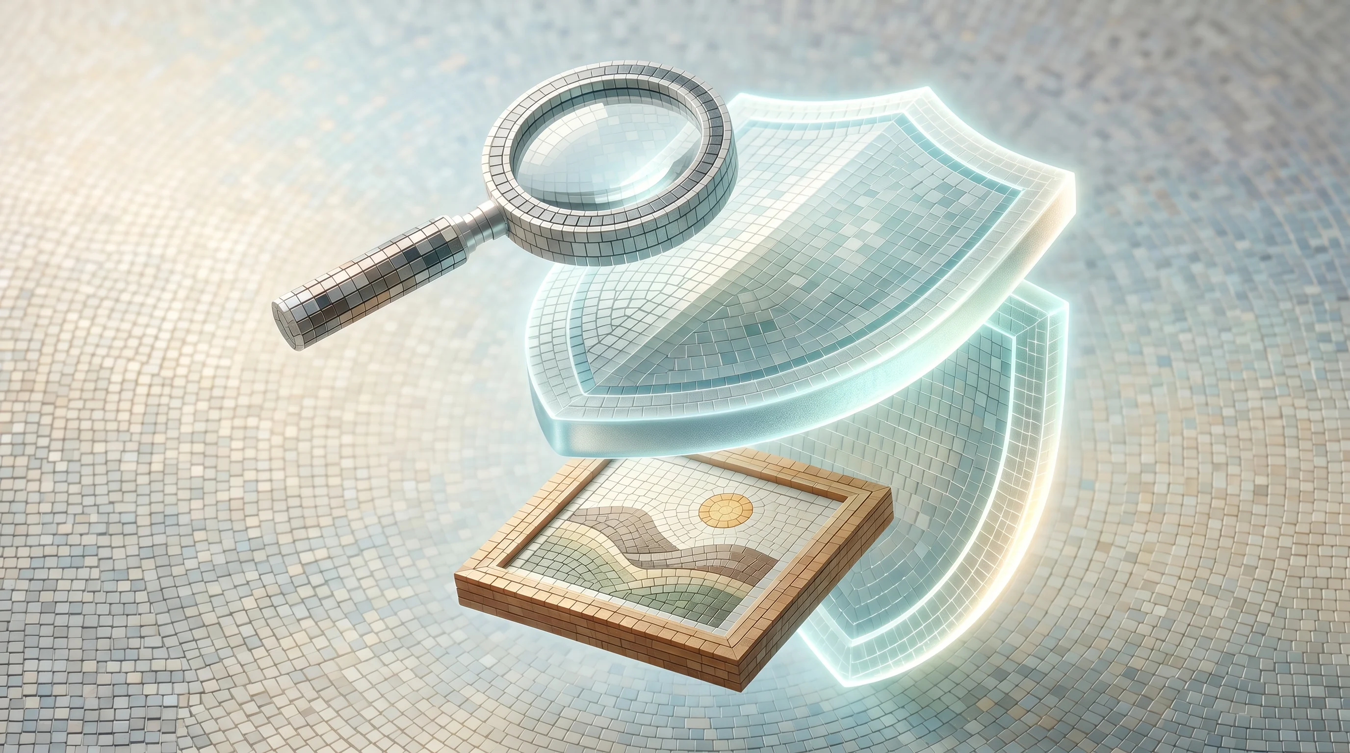 Digital illustration for article section "Image Search, Proxied" in "Uruky Adds Image Search as EU Privacy Alternative to Kagi Gains Steam" - A minimalist, conceptual composition featuring a sleek, modern magnifying glass hovering above a flo...