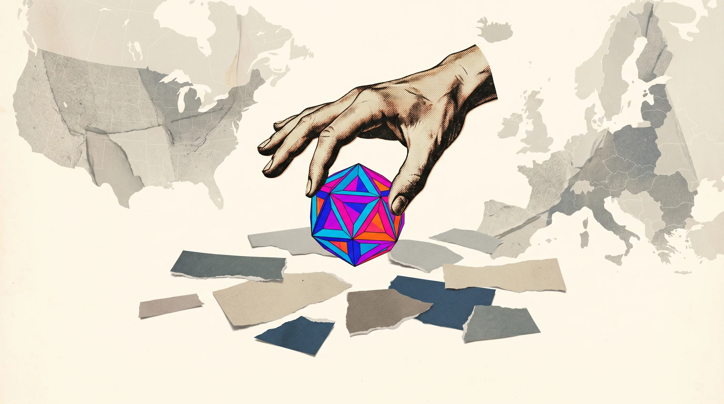 Digital illustration for article section "Where the Money Goes" in "Aippy Raises Tens of Millions at $250M Valuation for AI Game Creation" - A minimalist and conceptual vintage collage illustrating the invisible hand of an algorithmic recomm...