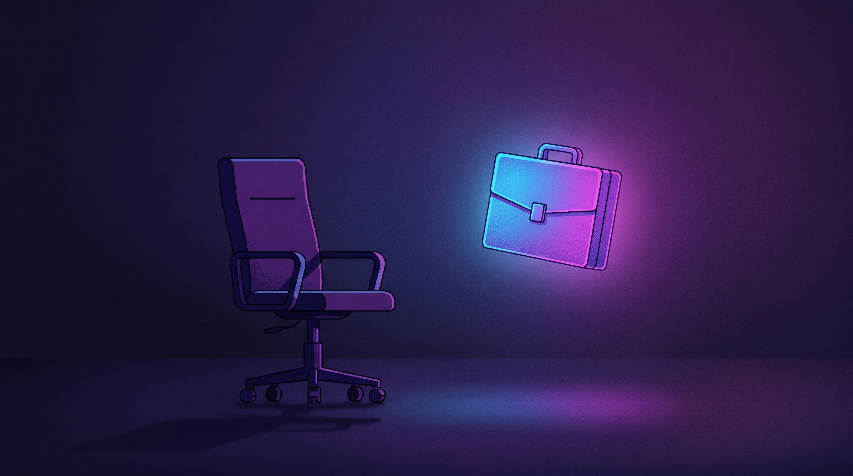 Digital illustration for article section "What Happens Next?" in "Polsia Raises $30M at $250M Valuation with One Employee and $10M ARR" - A minimalist, conceptual scene featuring a single, empty modern office chair facing a gently glowing...