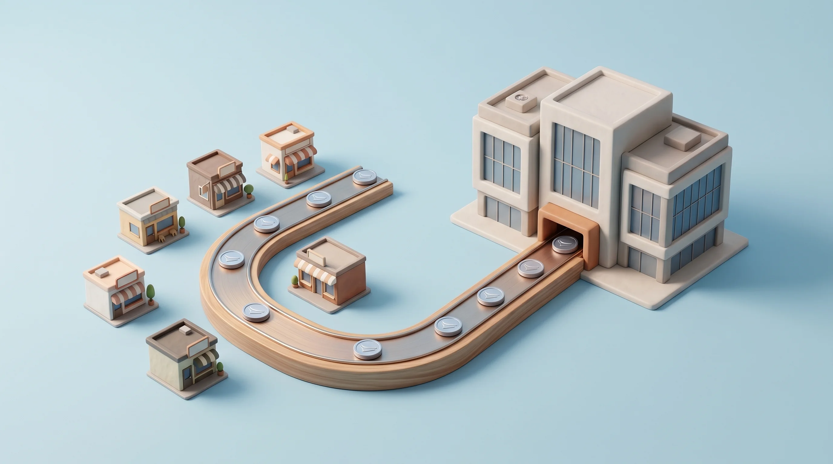 Digital illustration for article section "A Sector-Wide Pivot, Not an Outlier" in "Grey Processes $60M in Stablecoins Four Months After Launch" - A clean, minimalist 3D miniature diorama illustrating a sector-wide pivot toward B2B stablecoin paym...