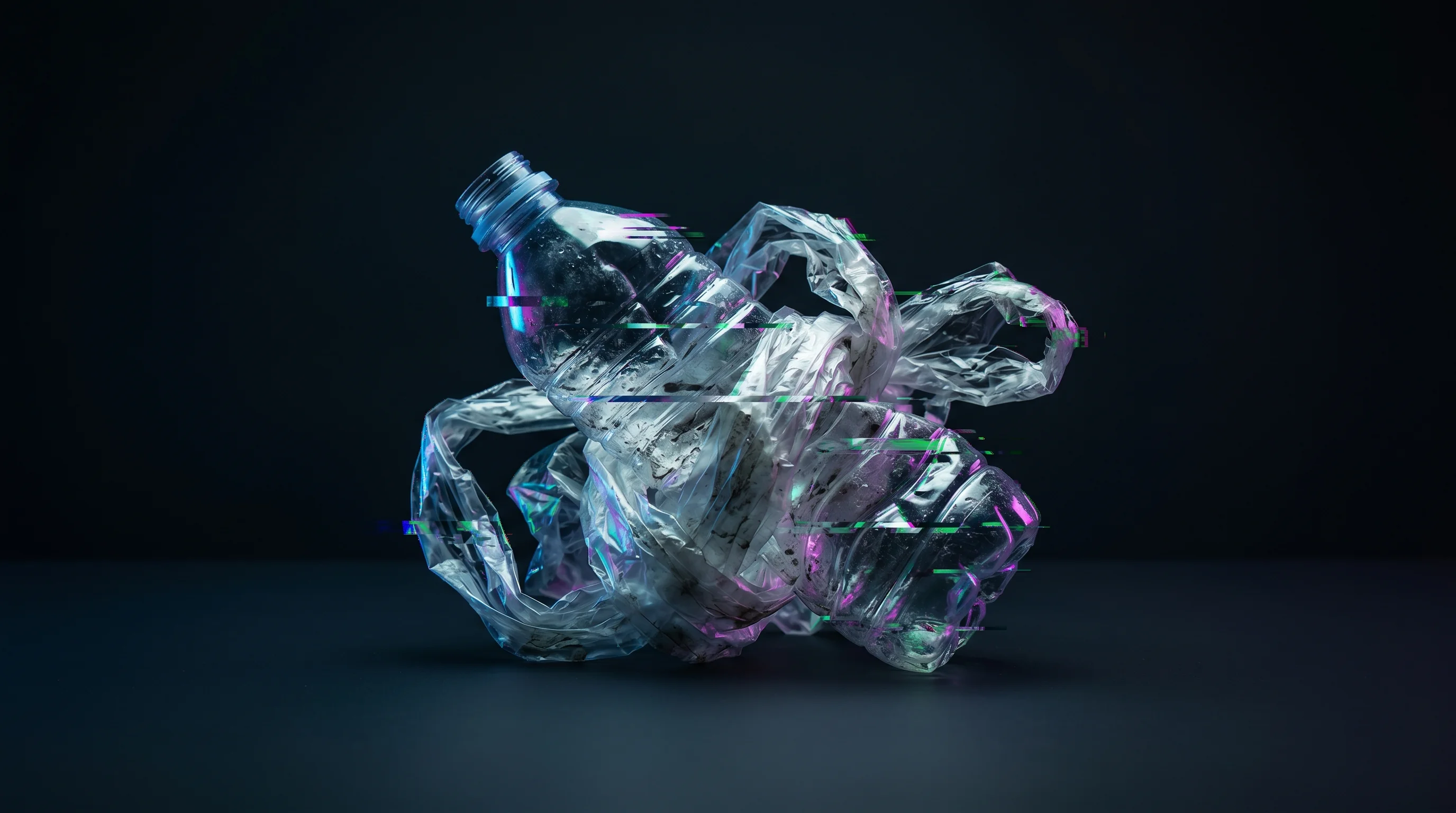 Digital illustration for article section "The Recycling Problem That Won't Go Away" in "Circular11 Raises €2.7M to Turn Plastic Waste Into Building Materials" - A solitary, crushed plastic water bottle tangled in a knot of flexible plastic film sits prominently...