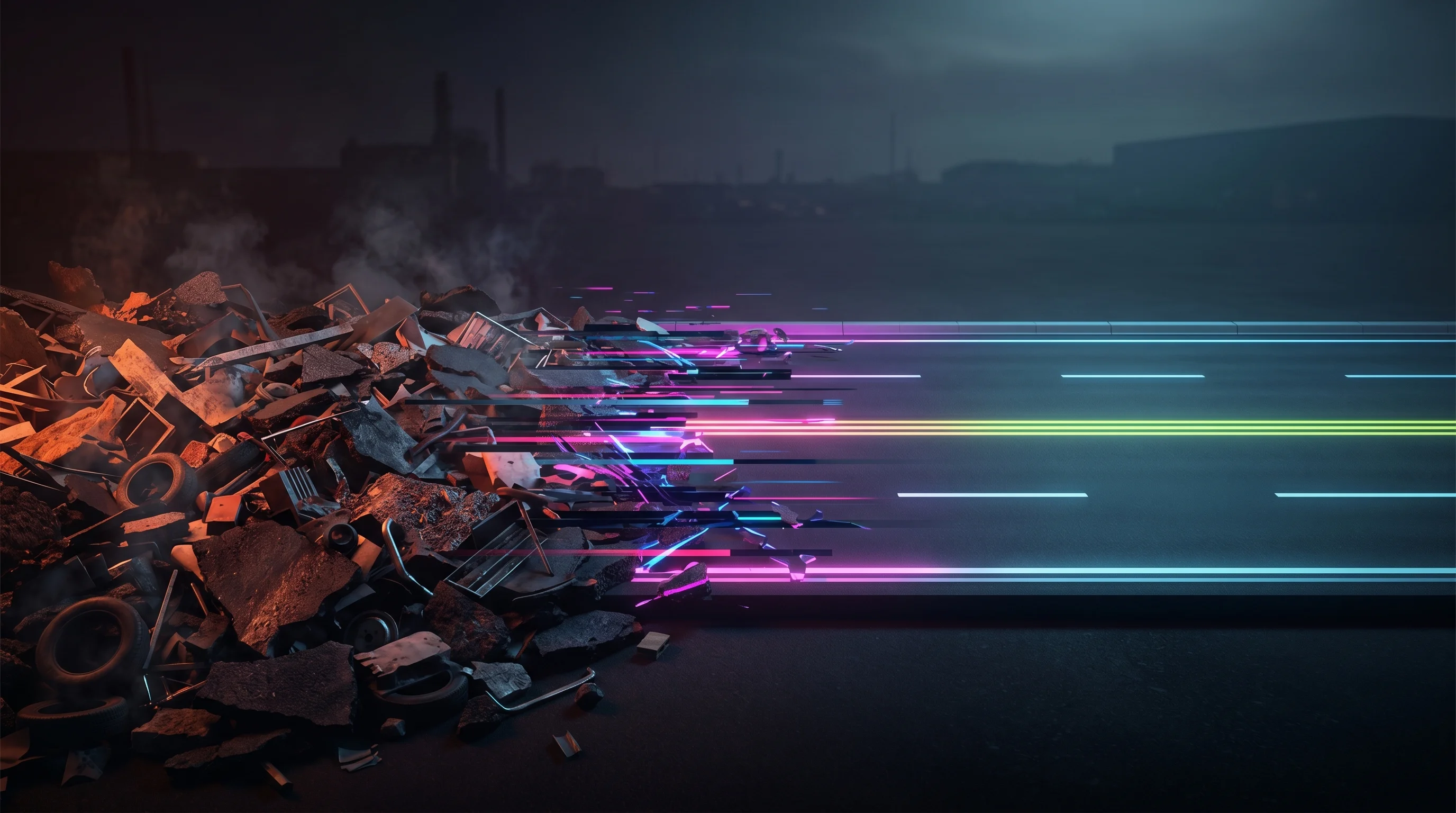 Digital illustration for article section "From Nepal to National Highways" in "Circular11 Raises €2.7M to Turn Plastic Waste Into Building Materials" - A conceptual, cinematic composition showing a pile of raw, textured discarded materials seamlessly t...